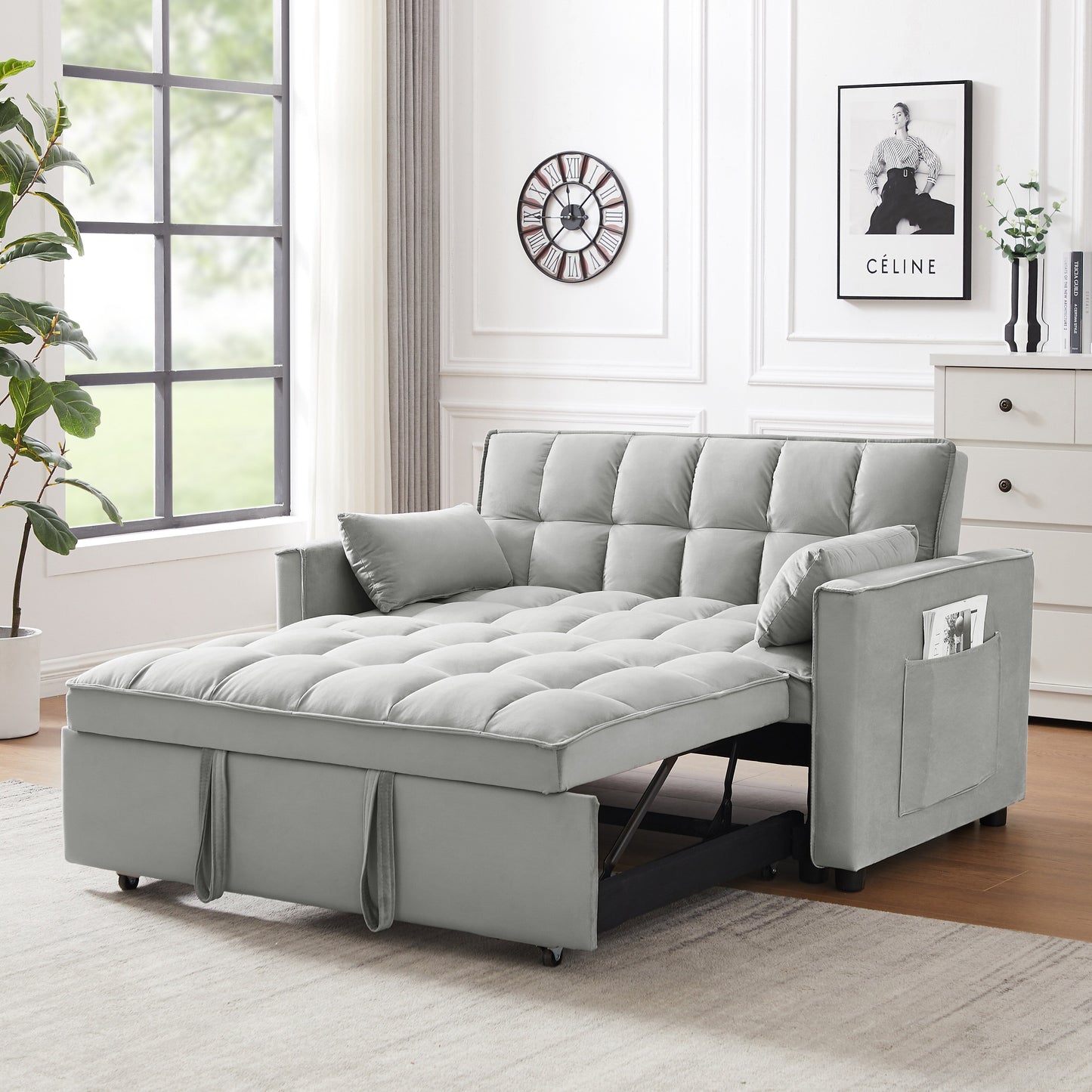 Divano letto futon 3 in 1 moderno in velluto con tasche per cuscini, grigio