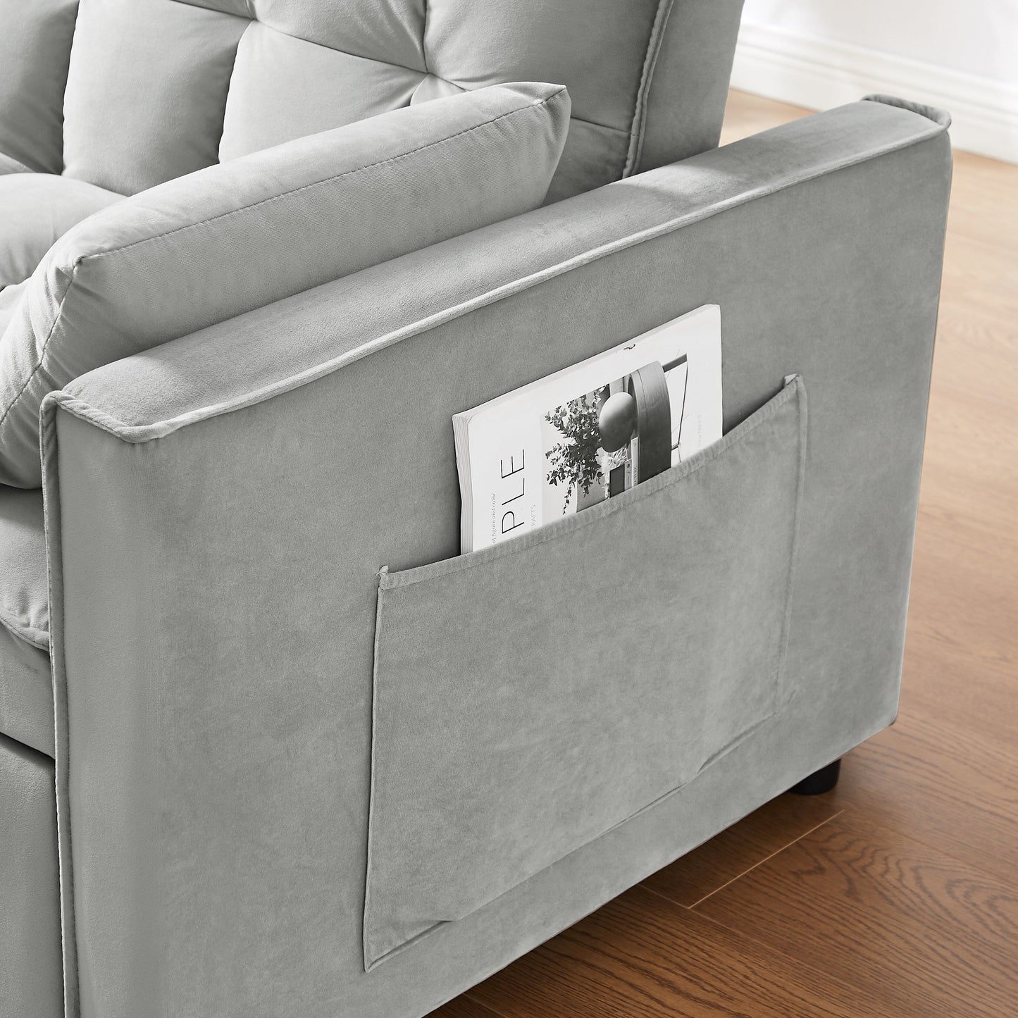 Divano letto futon 3 in 1 moderno in velluto con tasche per cuscini, grigio