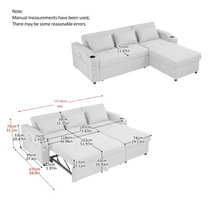 Divano letto estraibile 3 in 1 con porte USB e portabicchieri