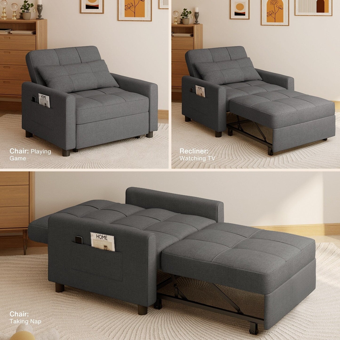Divano letto estraibile 3 in 1, divano letto imbottito moderno convertibile e regolabile