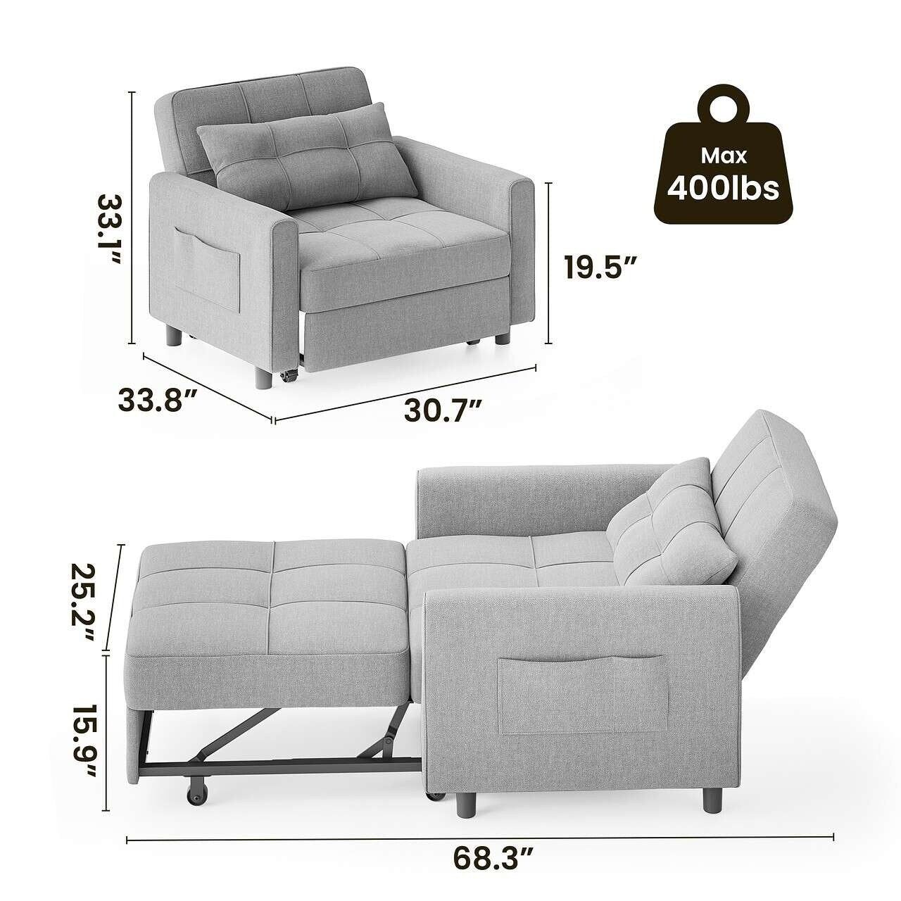Divano letto estraibile 3 in 1, divano letto imbottito moderno convertibile e regolabile