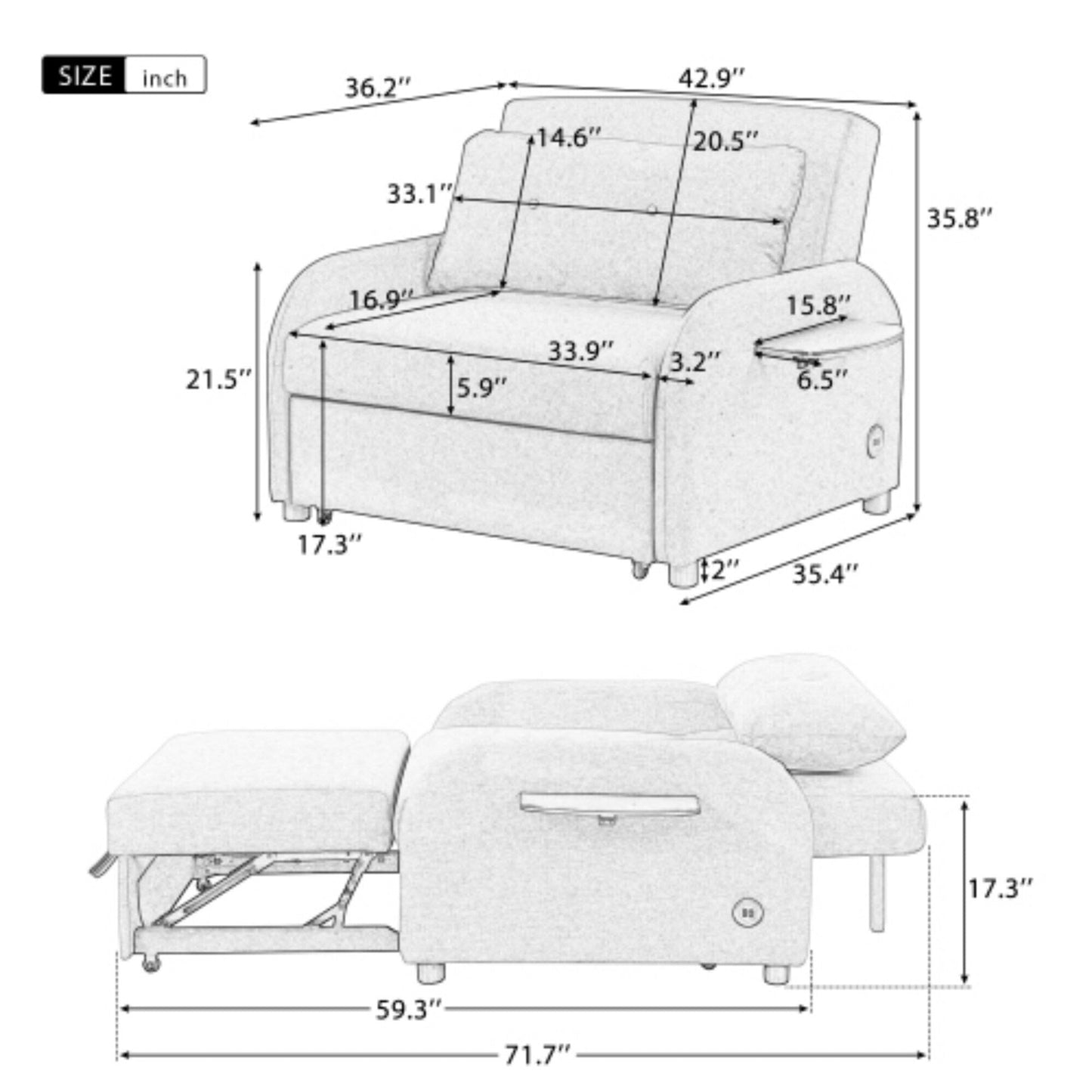 Divano letto estraibile 3 in 1 con tavolino pieghevole e porte USB di Harper&Bright Designs