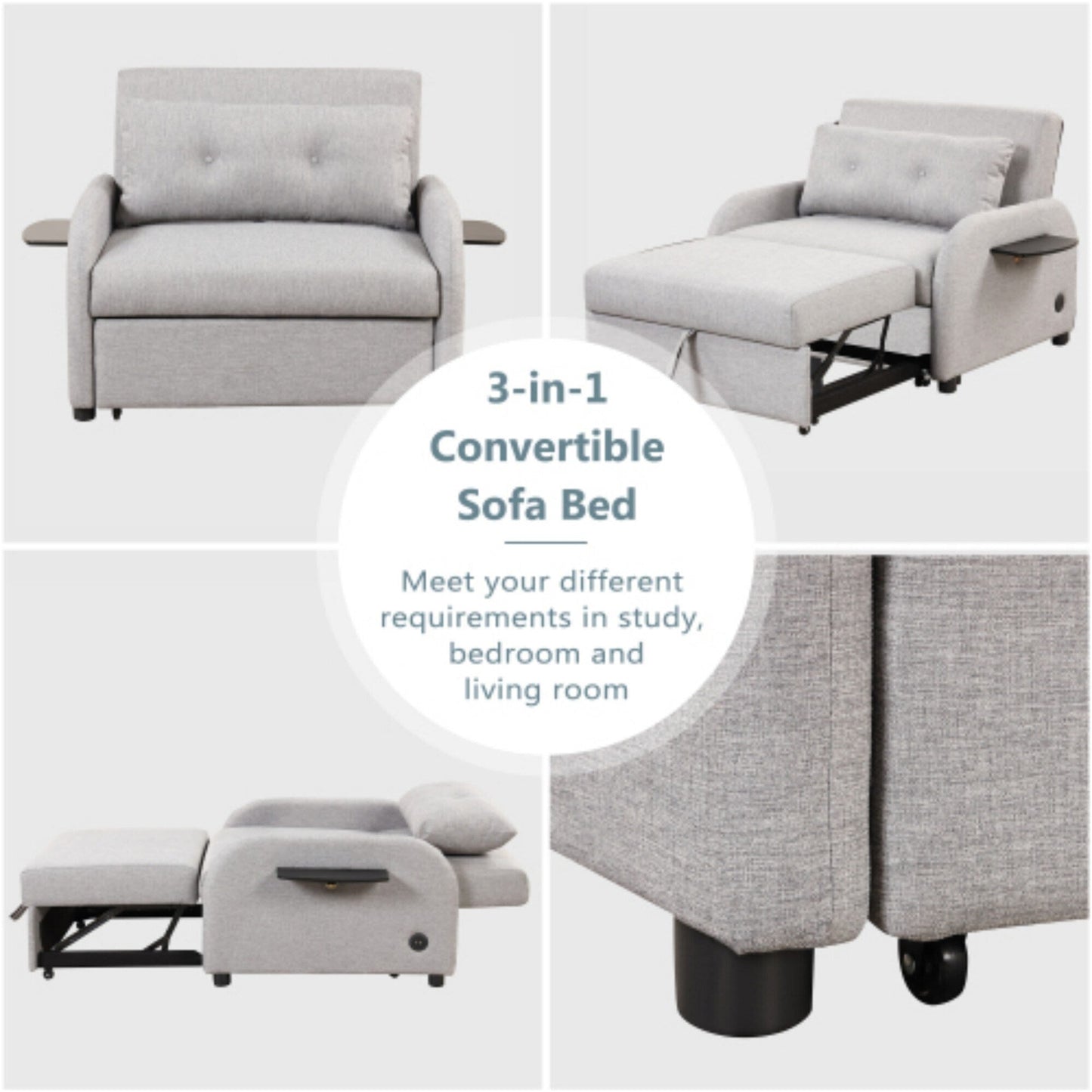 Divano letto estraibile 3 in 1 con tavolino pieghevole e porte USB di Harper&Bright Designs