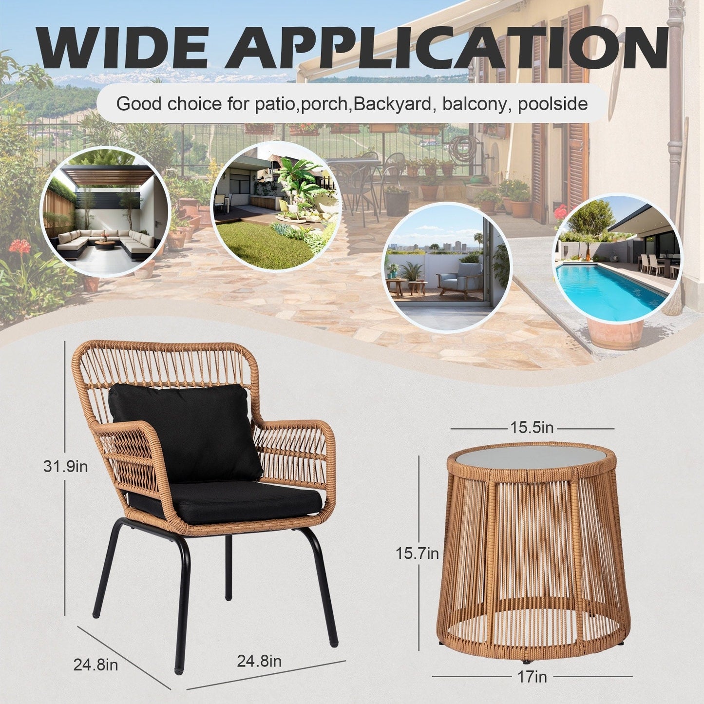 Set da bistrot da conversazione in vimini da esterno, 3 pezzi, set di sedie da giardino in rattan per tutte le stagioni con cuscini