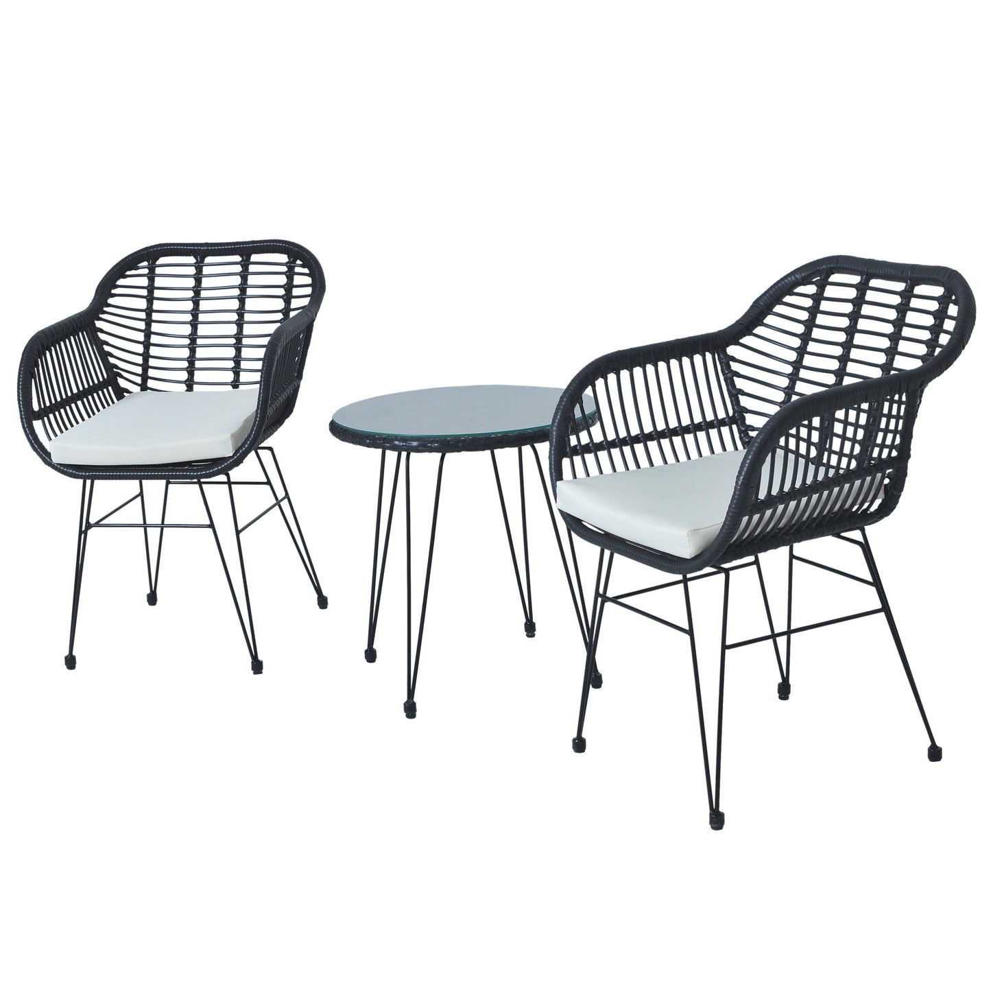 Set da bistrot da esterno in vimini e rattan, 3 pezzi, con tavolo e cuscini