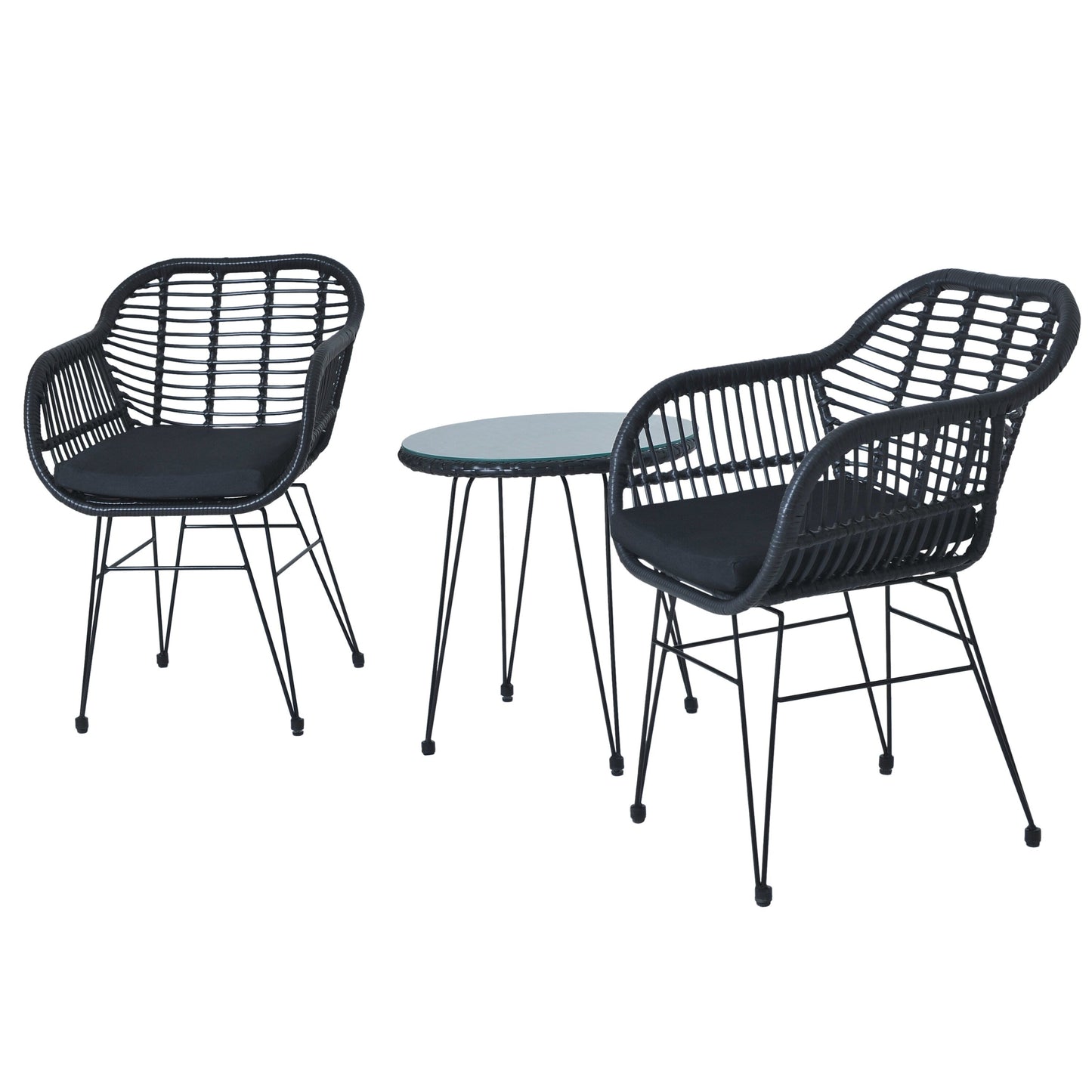 Set da bistrot da esterno in vimini e rattan, 3 pezzi, con tavolo e cuscini