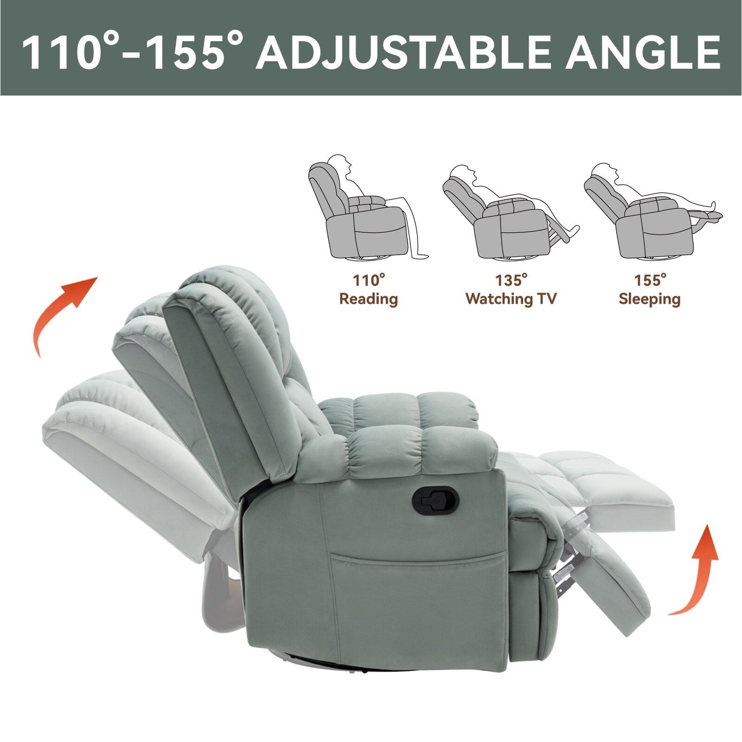 Poltrona reclinabile manuale girevole a 360°, poltrona reclinabile in tessuto a 155° wRocker