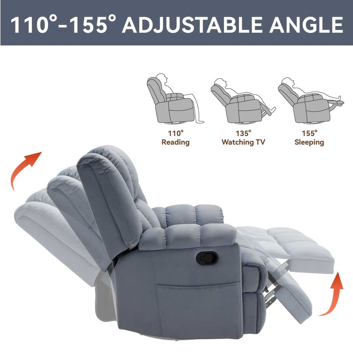 Poltrona reclinabile manuale girevole a 360°, poltrona reclinabile in tessuto a 155° wRocker