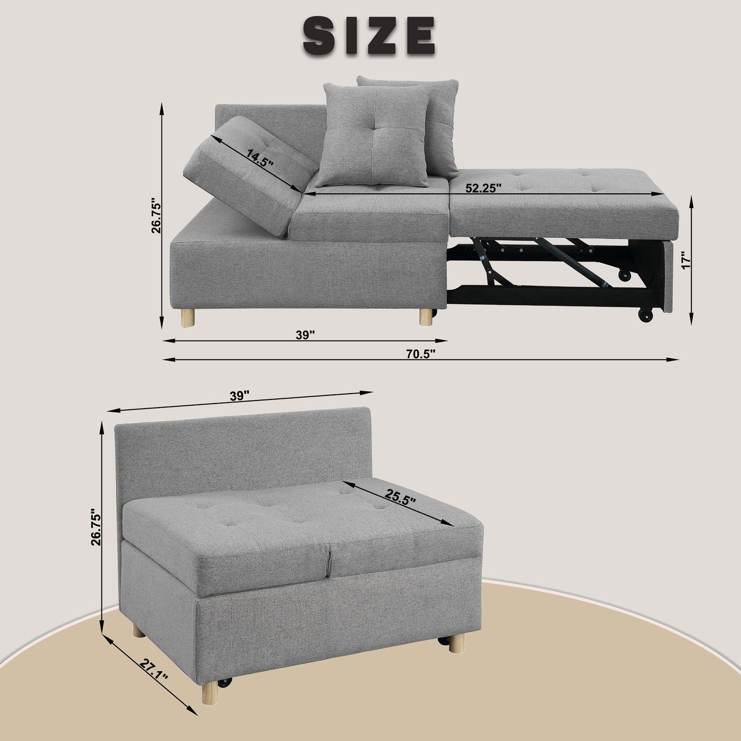 Divano letto singolo convertibile 4 in 1 con schienale regolabile