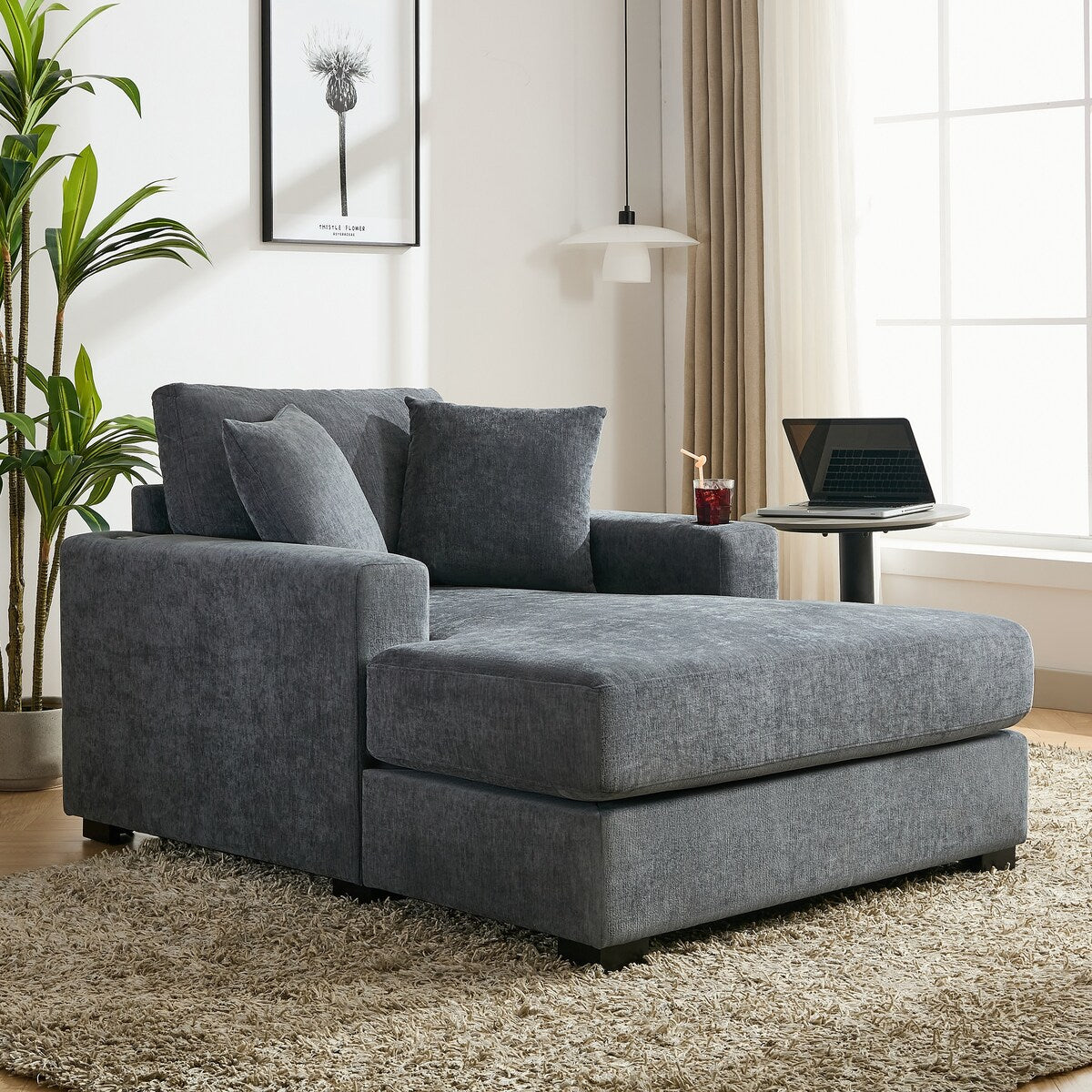 Divano moderno con chaise longue oversize da 43,5 metri, con cuscini, stazione di ricarica e portabicchieri, tessuto in ciniglia