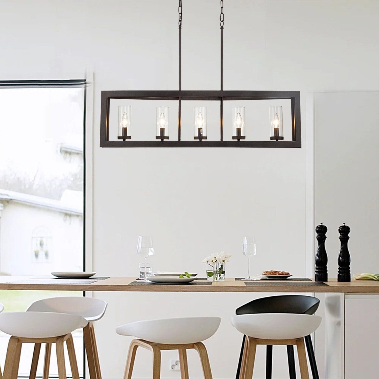 Lampadario lineare industriale moderno a 5 luci per sala da pranzo, lampadario cilindrico in vetro trasparente, luci per isola cucina