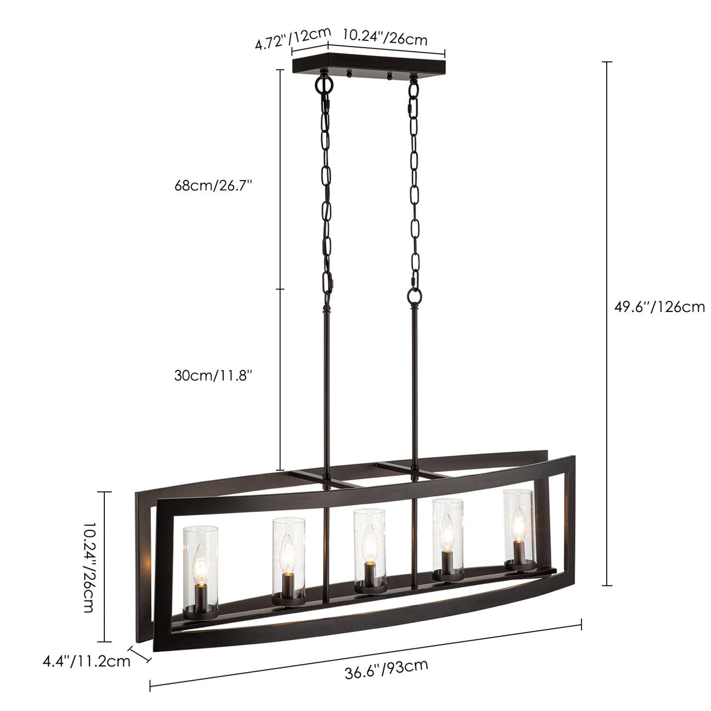 Lampadario lineare industriale moderno a 5 luci per sala da pranzo, lampadario cilindrico in vetro trasparente, luci per isola cucina