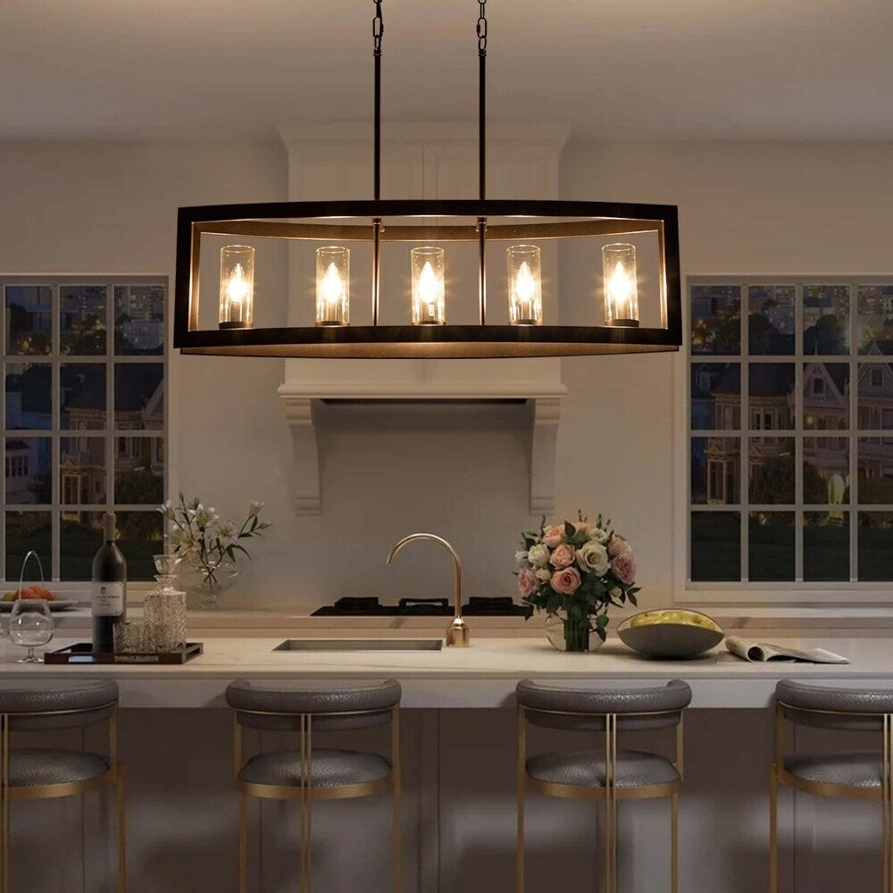Lampadario rettangolare vintage in vetro a 5 luci, in stile industriale moderno di metà secolo, per isola da cucina