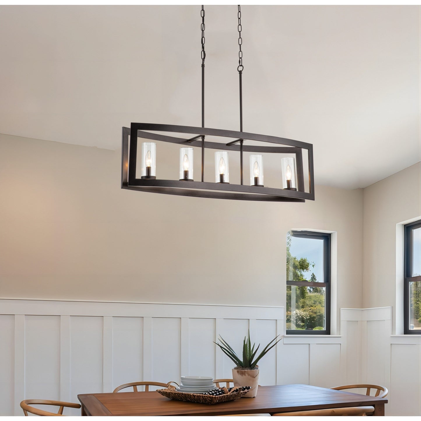 Lampadario lineare industriale moderno a 5 luci per sala da pranzo, lampadario cilindrico in vetro trasparente, luci per isola cucina