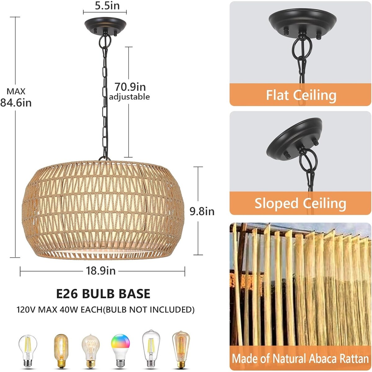 Lampadario in stile fattoria in rattan a 5 luci