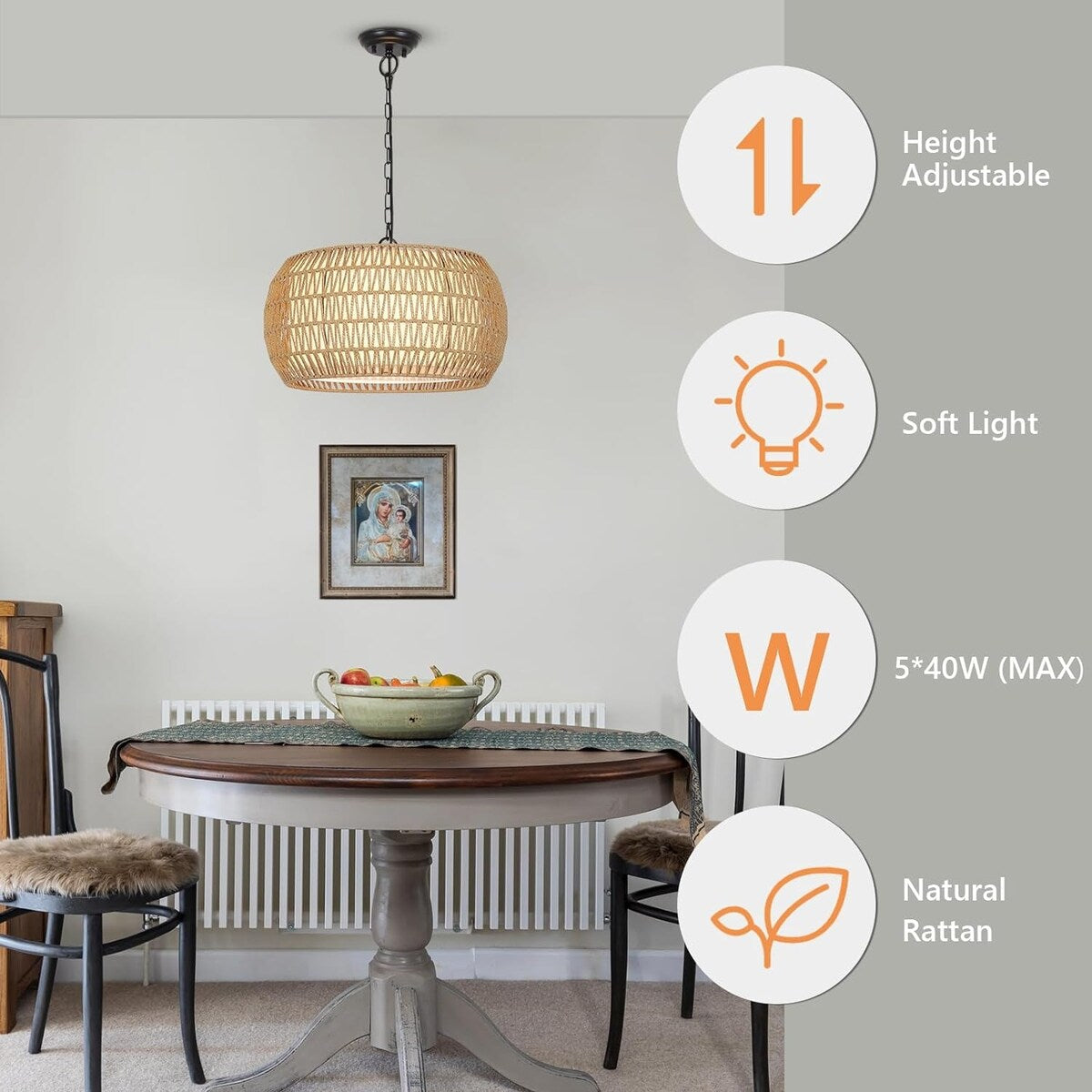 Lampadario in stile fattoria in rattan a 5 luci