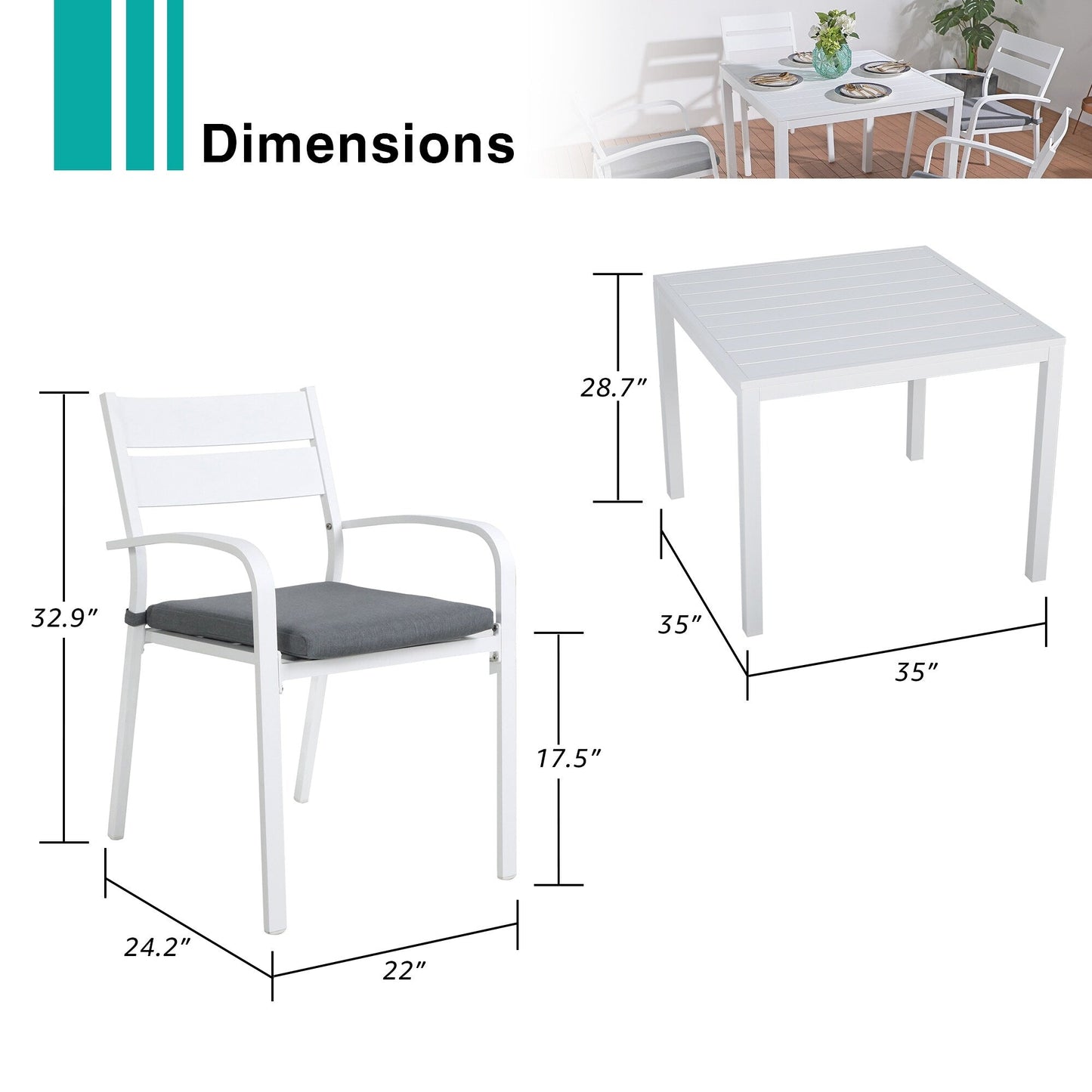 Set da pranzo in alluminio per esterni da 5 pezzi