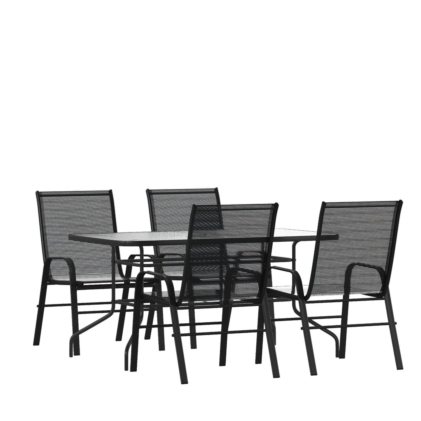 Set da pranzo da giardino da 5 pezzi: tavolo in vetro, 4 sedie impilabili flessibili