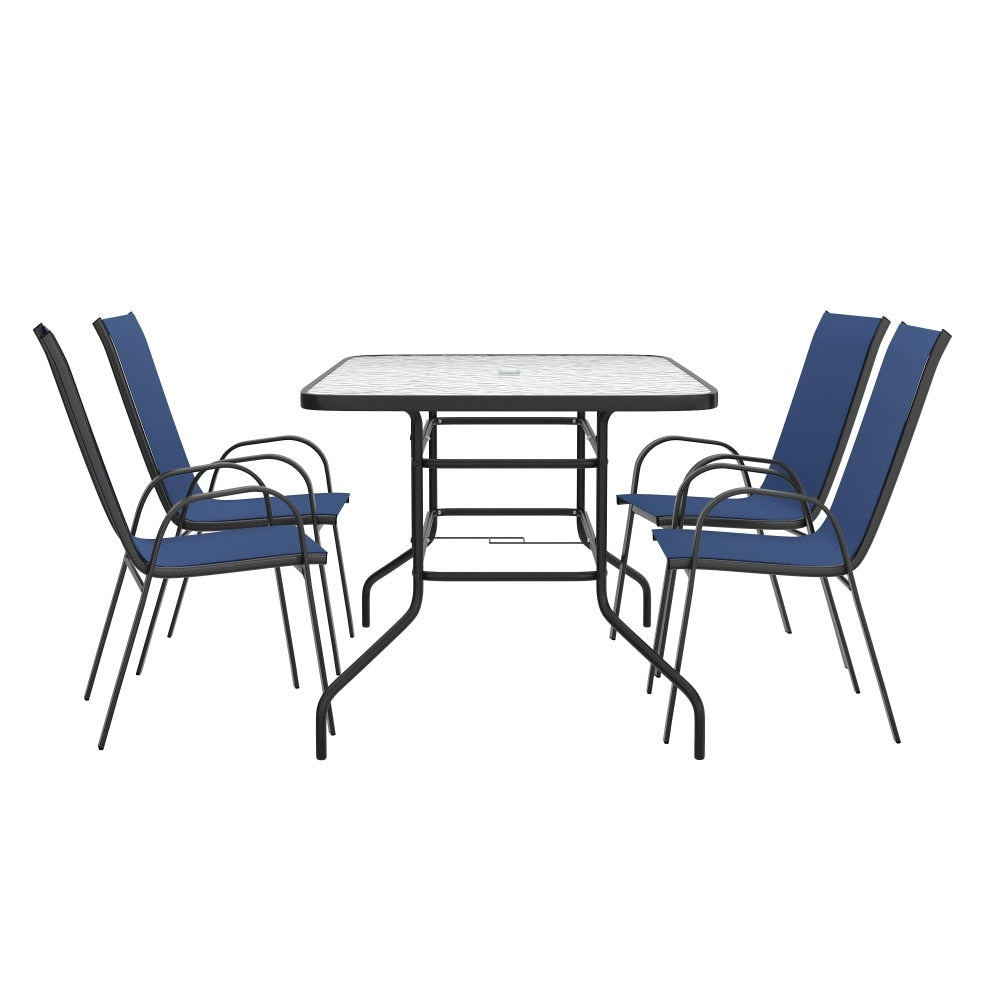 Set da pranzo da giardino da 5 pezzi: tavolo in vetro, 4 sedie impilabili flessibili