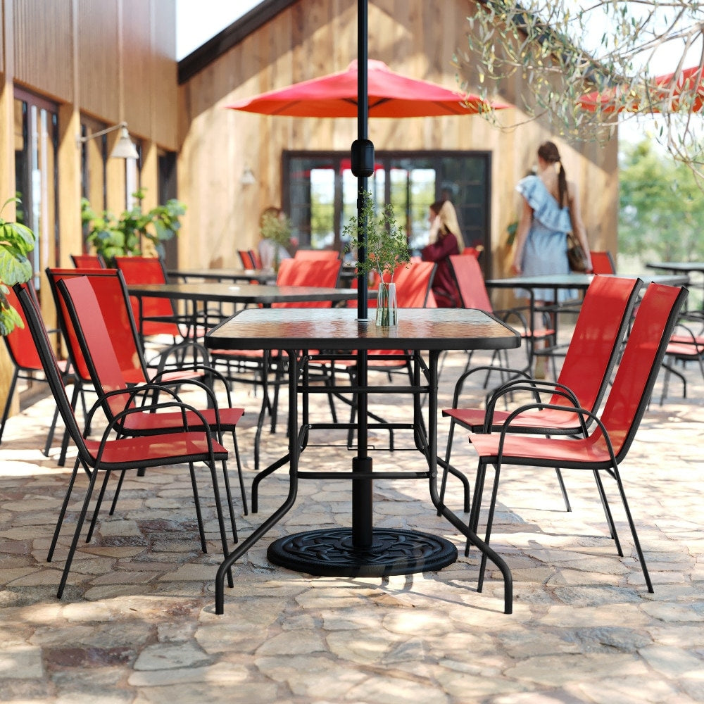 Set da pranzo da giardino da 5 pezzi: tavolo in vetro, 4 sedie impilabili flessibili