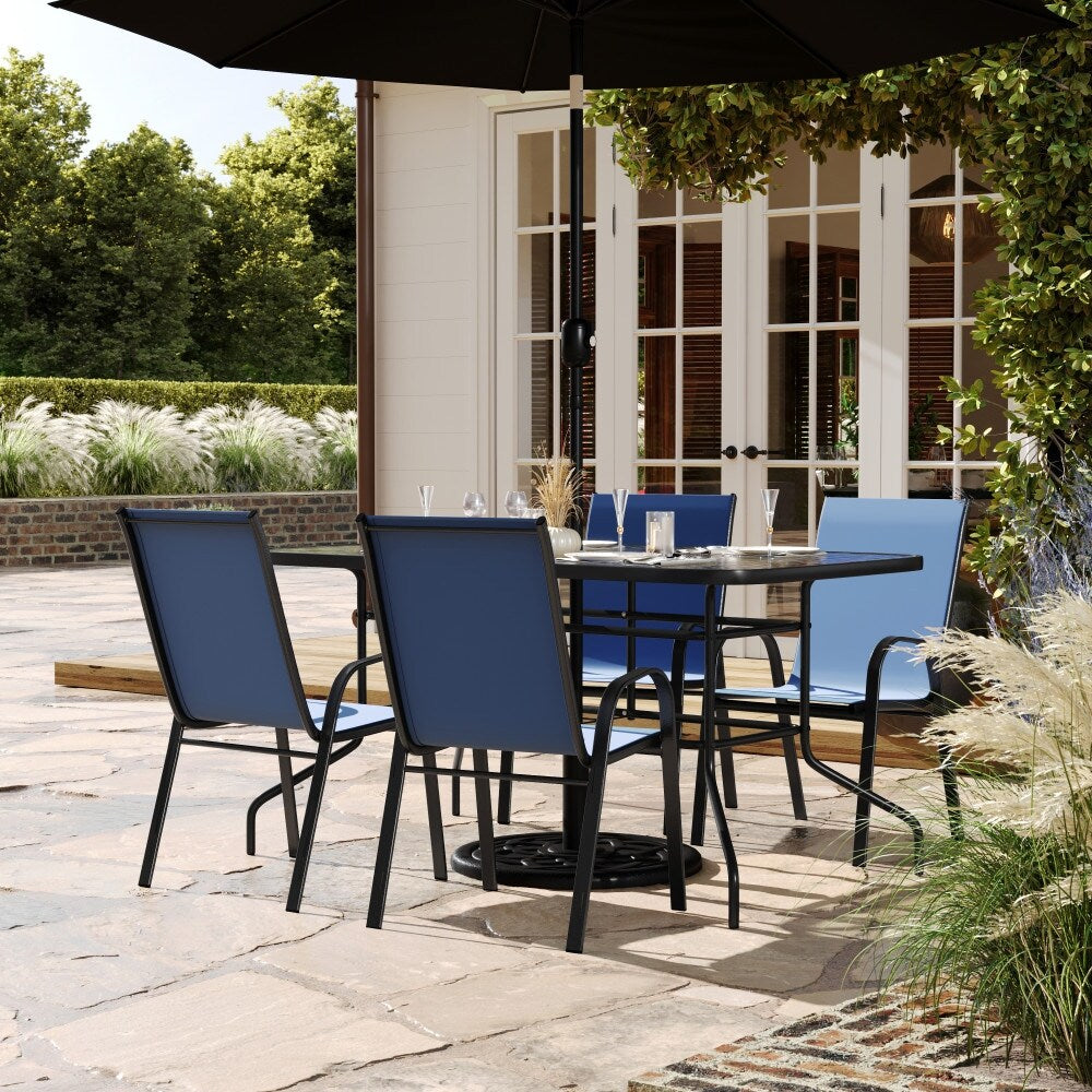 Set da pranzo da giardino da 5 pezzi: tavolo in vetro, 4 sedie impilabili flessibili