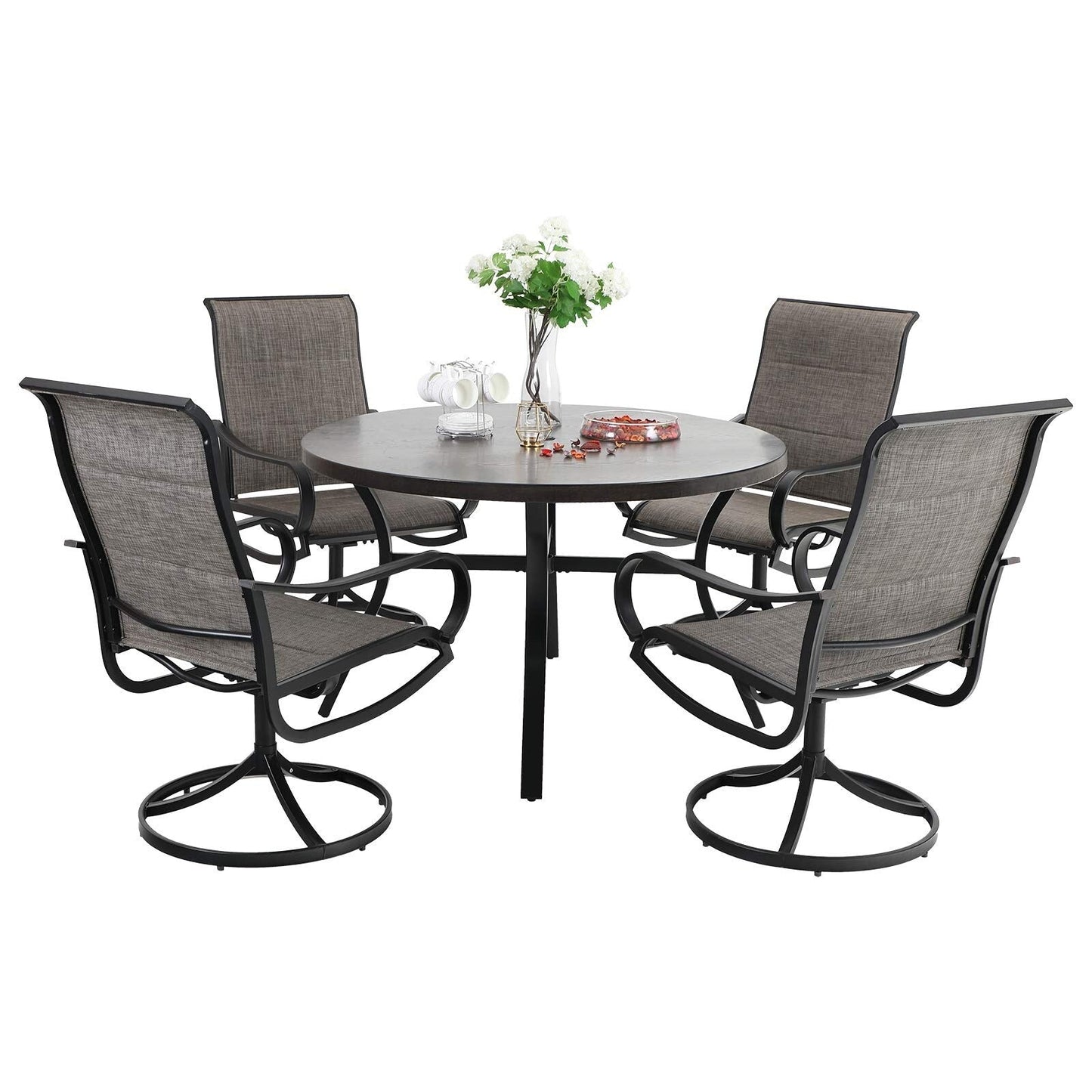 Set da pranzo per esterni da 5 pezzi, 4 sedie girevoli imbottite in schiuma ad asciugatura rapida e 44 tavoli rotondi in metallo effetto legno