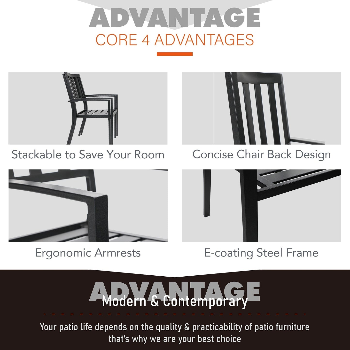 Set da pranzo per patio con rivestimento E da 5 pezzi e sedie impilabili