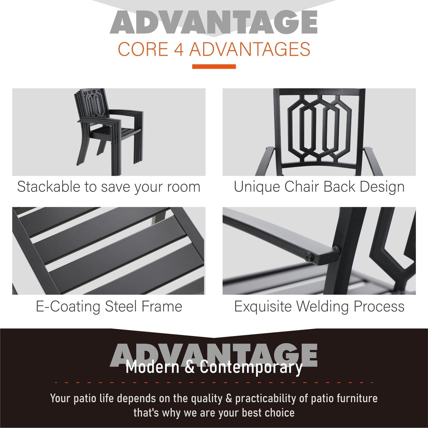Set da pranzo per patio con rivestimento E da 5 pezzi e sedie impilabili