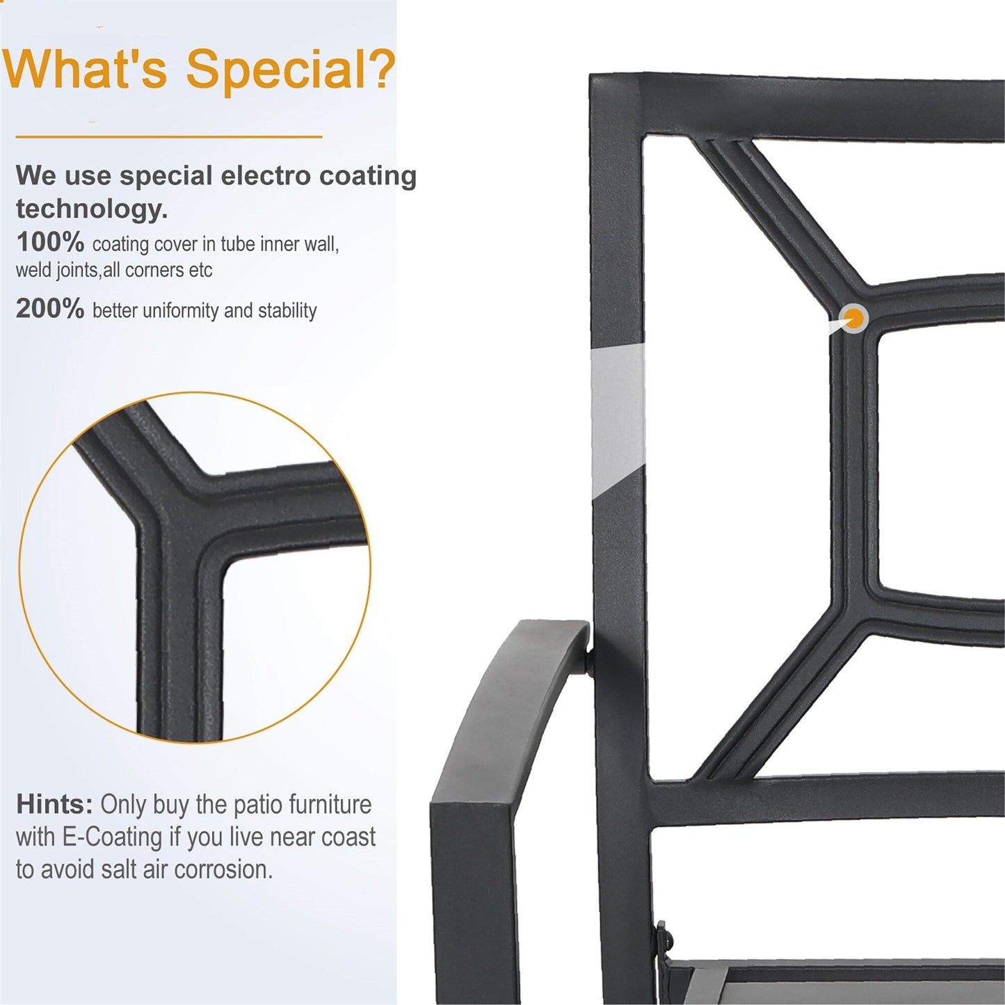 Set da pranzo per patio con rivestimento E da 5 pezzi e sedie impilabili