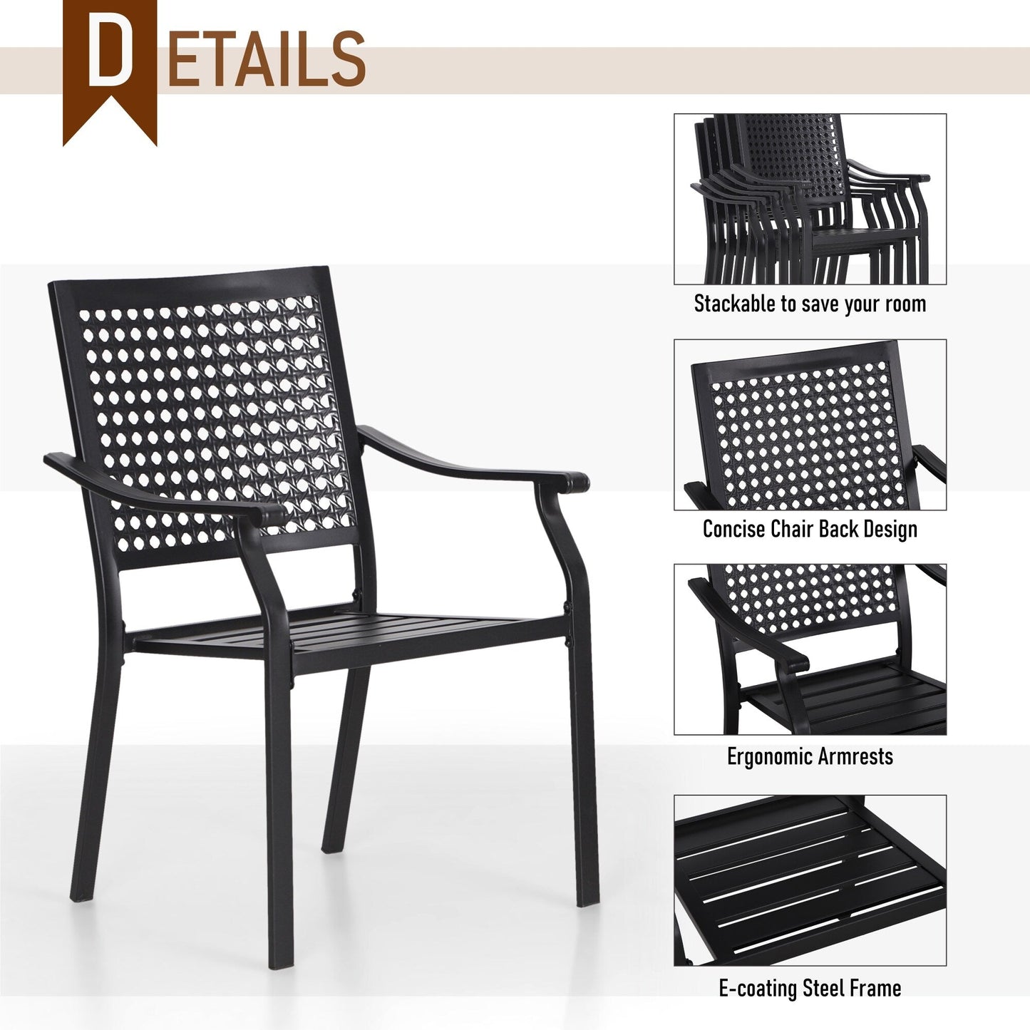 Set da pranzo per patio con rivestimento E da 5 pezzi e sedie impilabili