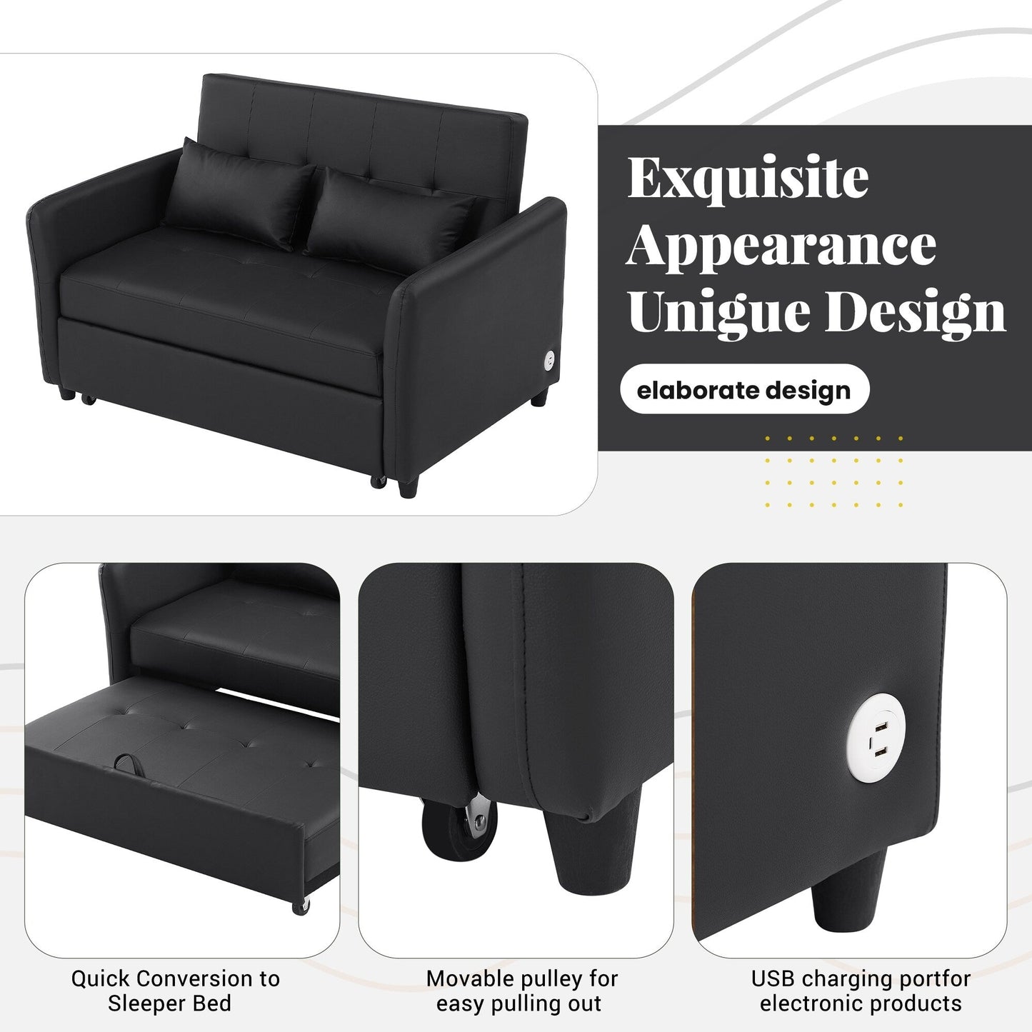 Divano letto trasformabile in PU da 51,57 pollici con 3 porte USB, capacità di carico di 400 libbre e meccanismo letto estraibile