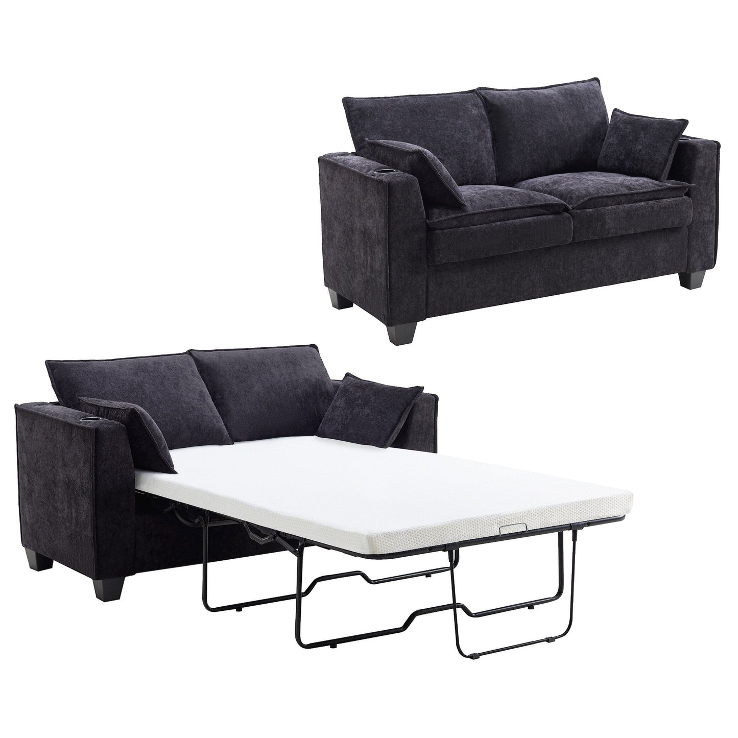 Divano letto a 2 posti in compensato da 52,36 pollici con topper in memory foam, struttura del letto con doghe in legno massello e portabicchieri