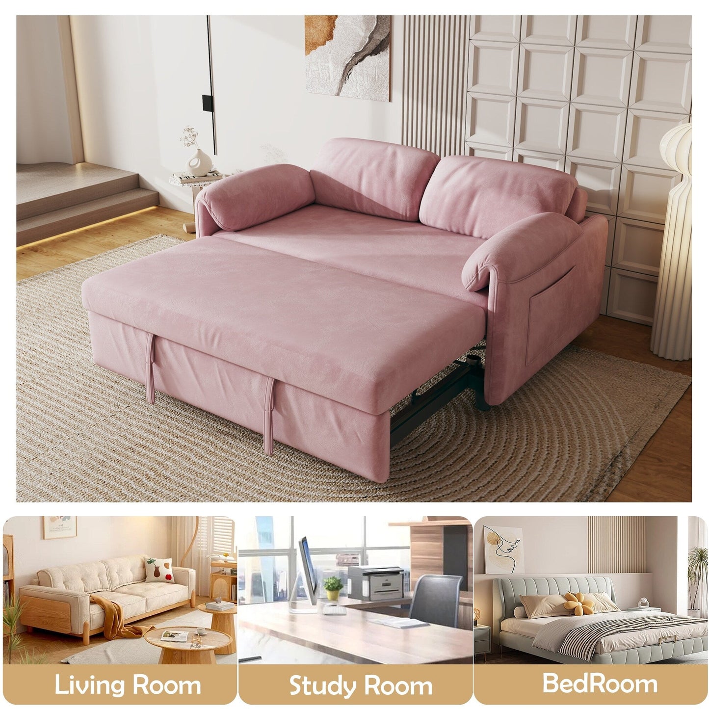 Divano letto in velluto da 54 pollici - Design multiuso con letto matrimoniale retrattile e braccioli portaoggetti