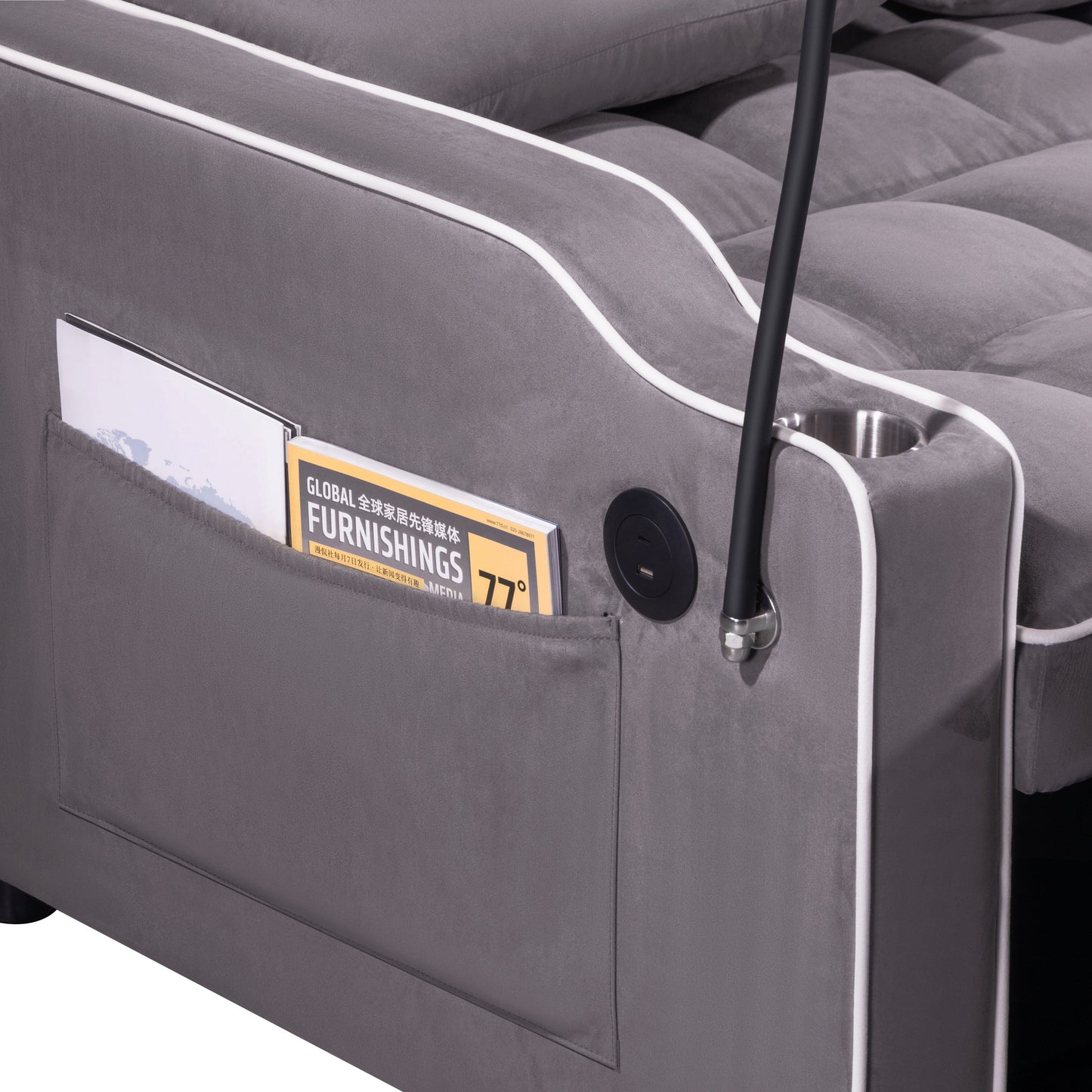 Divano letto pieghevole multiposizione in pelle scamosciata 55.11 con porta di ricarica USB, supporto girevole per telefono e posacenere