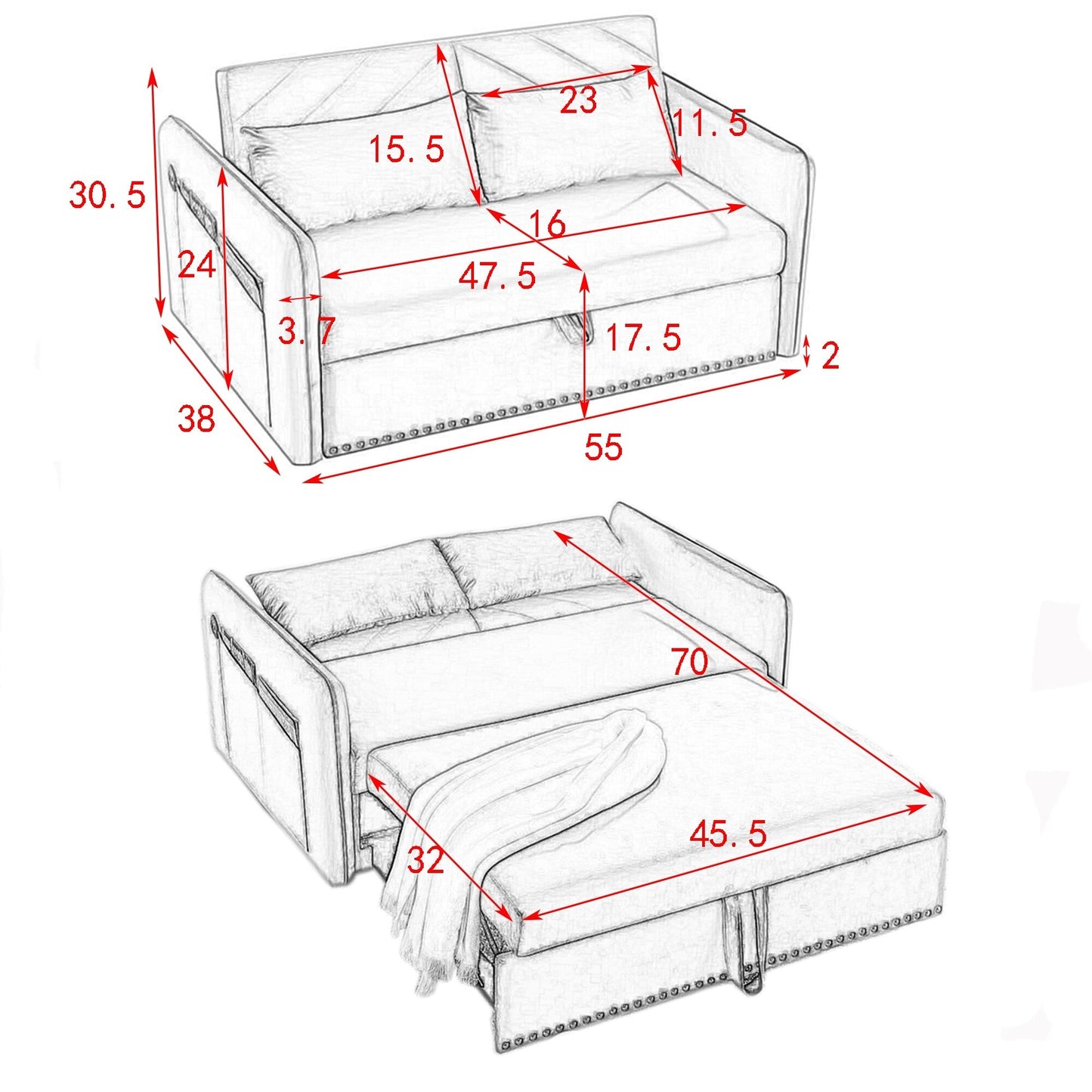 Divano letto convertibile 3 in 1 in velluto da 55 pollici con schienale reclinabile, tasche laterali e 2 cuscini