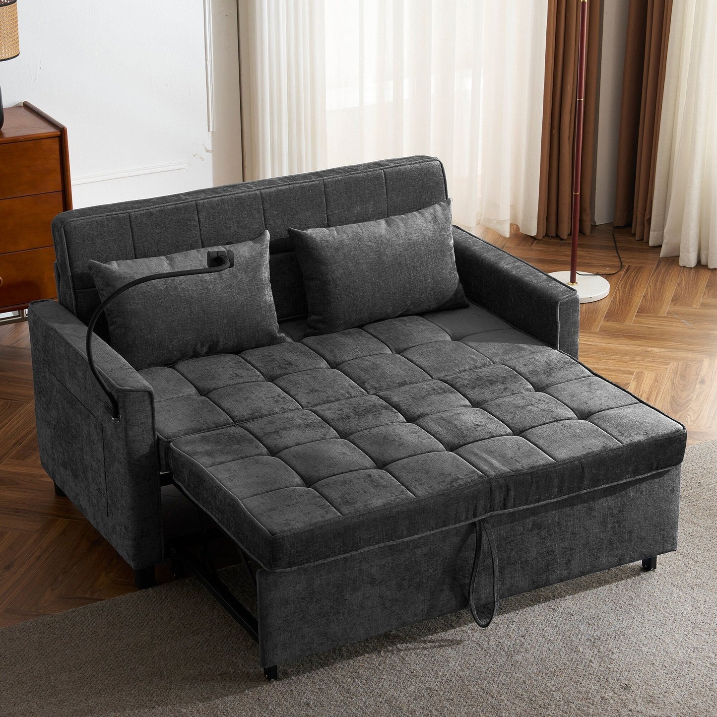 Divano letto estraibile in ciniglia da 56,9 W con porte USB