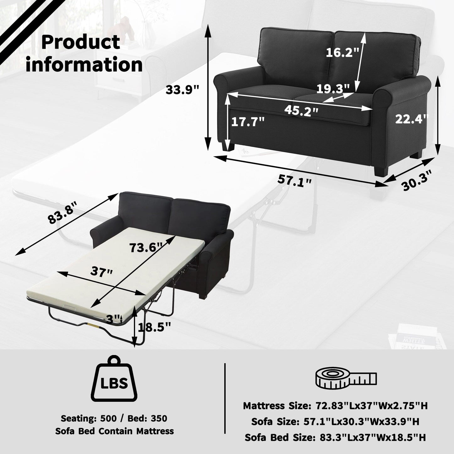 Divano a due posti in lino con braccioli arrotolati, materasso in memory foam e gambe in plastica per soggiorno.