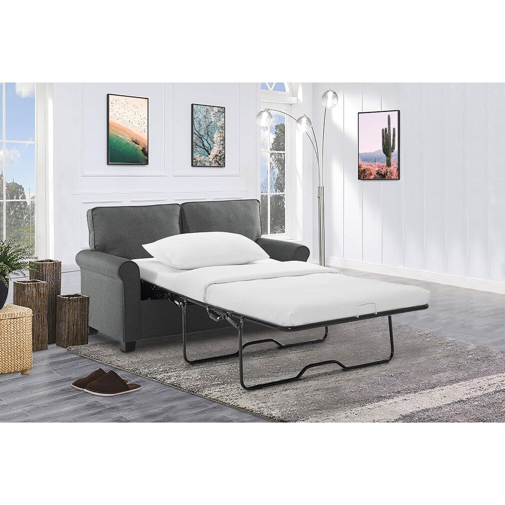 Divano a due posti in lino con braccioli arrotolati, materasso in memory foam e gambe in plastica per soggiorno.