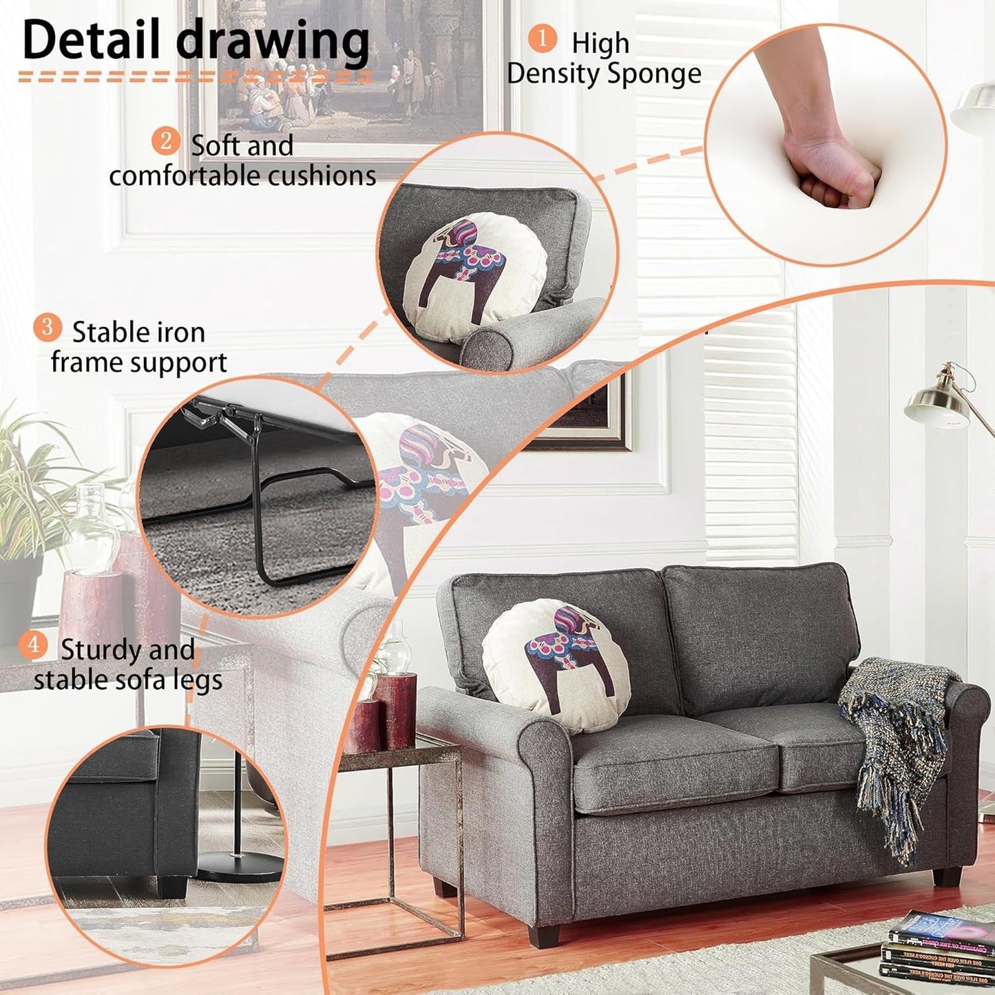 Divano a due posti in lino con braccioli arrotolati, materasso in memory foam e gambe in plastica per soggiorno.