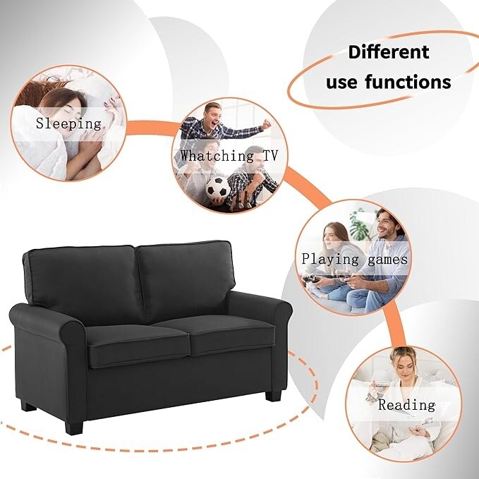Divano a due posti in lino con braccioli arrotolati, materasso in memory foam e gambe in plastica per soggiorno.