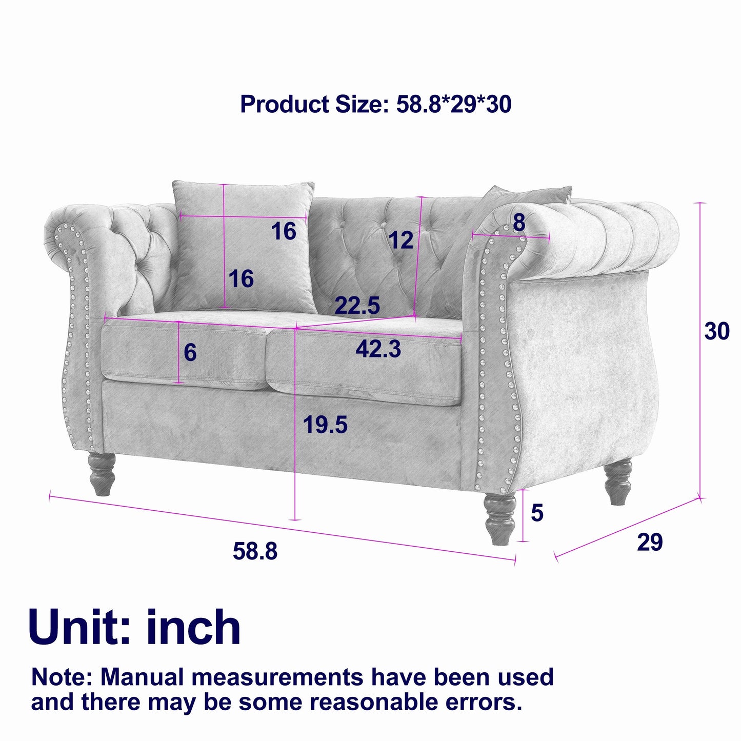Divano Chesterfield in velluto 58.8 a 2 posti con braccioli arrotolati, finiture con borchie e 2 cuscini