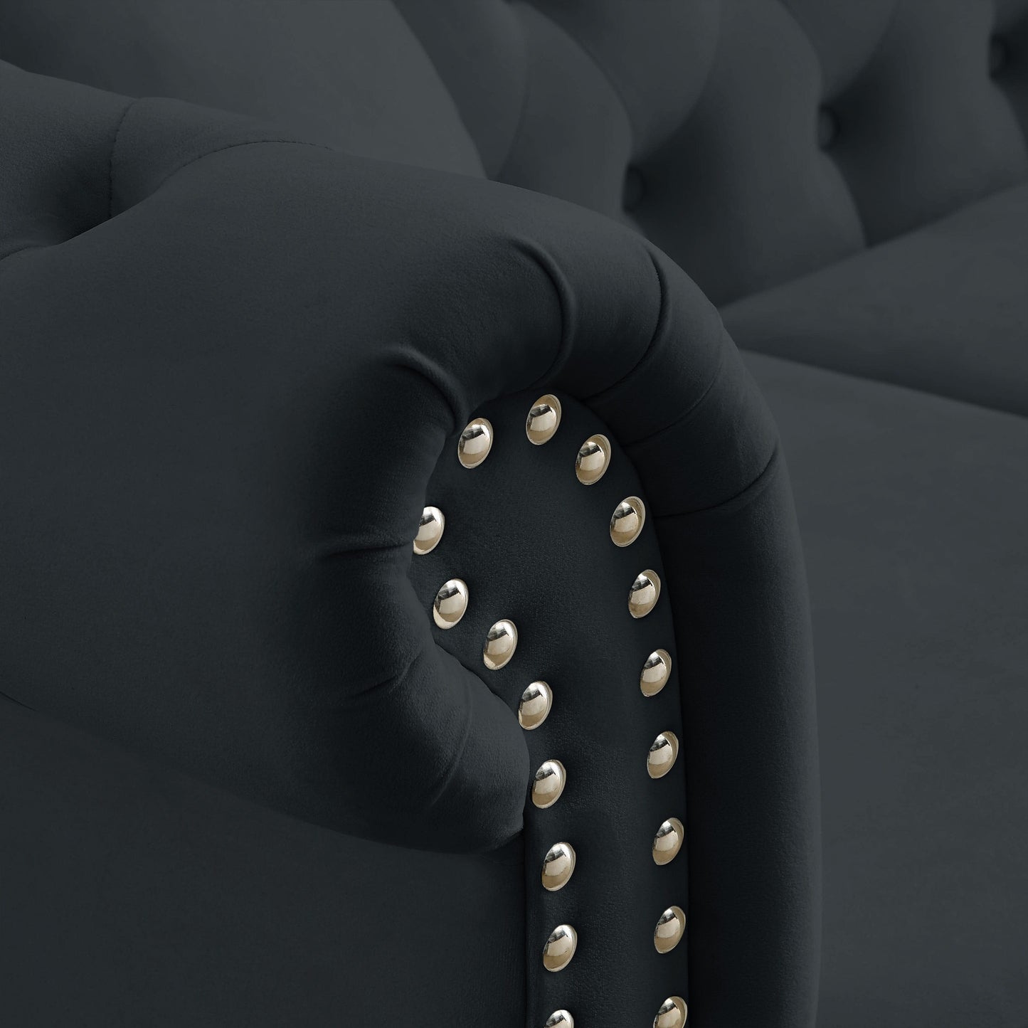 Divano Chesterfield in velluto 58.8 a 2 posti con braccioli arrotolati, finiture con borchie e 2 cuscini