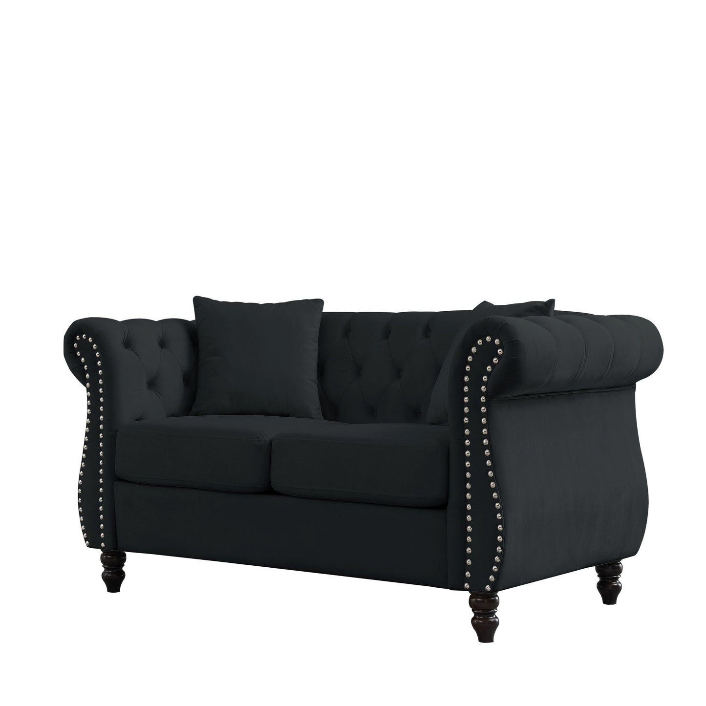 Divano Chesterfield in velluto 58.8 a 2 posti con braccioli arrotolati, finiture con borchie e 2 cuscini