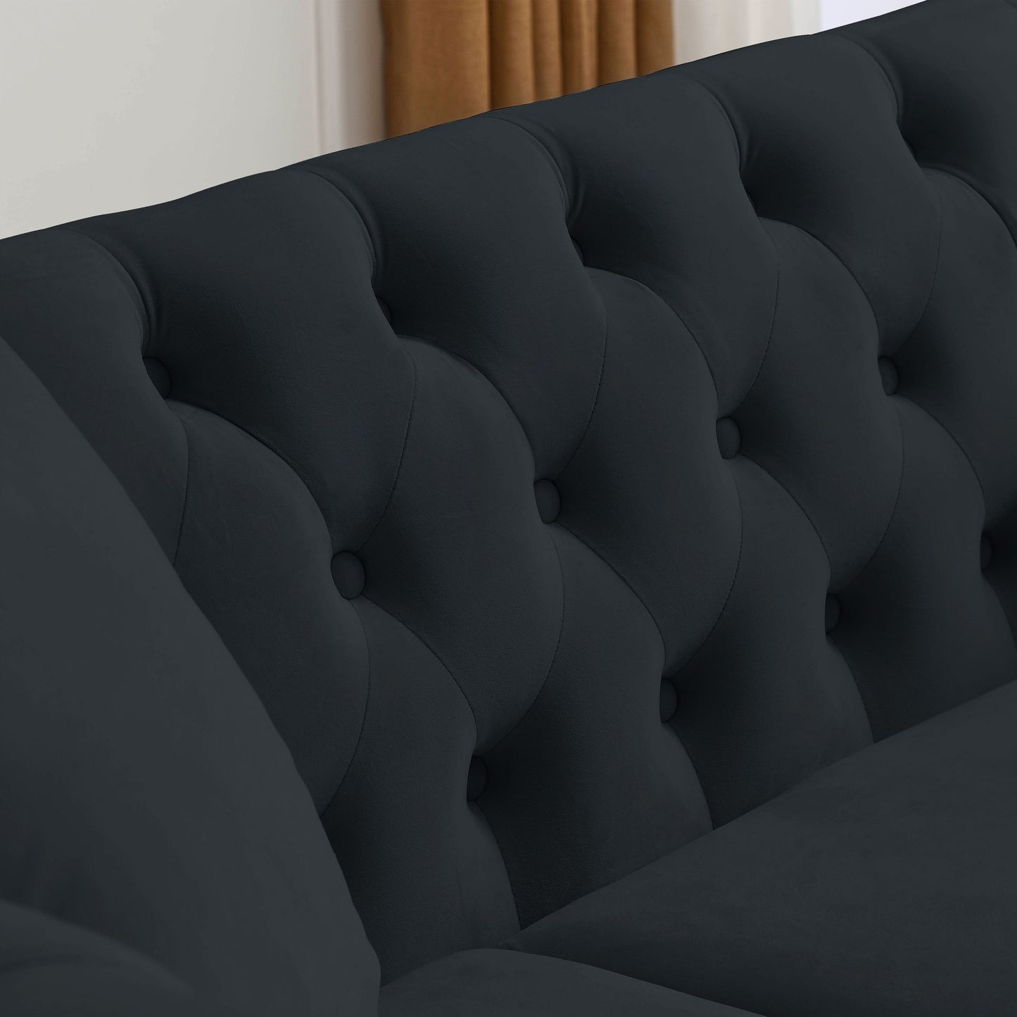 Divano Chesterfield in velluto 58.8 a 2 posti con braccioli arrotolati, finiture con borchie e 2 cuscini