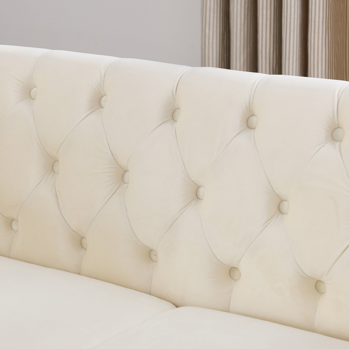 Divano Chesterfield in velluto 58.8 a 2 posti con braccioli arrotolati, finiture con borchie e 2 cuscini