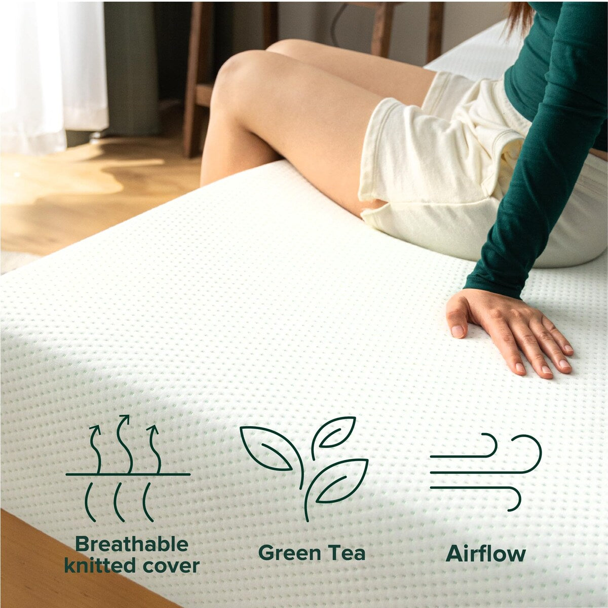 Materasso in memory foam al tè verde da 6 pollici, senza fibra di vetro, supporto sagomato personalizzato brevettato, base in schiuma robusta, letto in scatola, king size