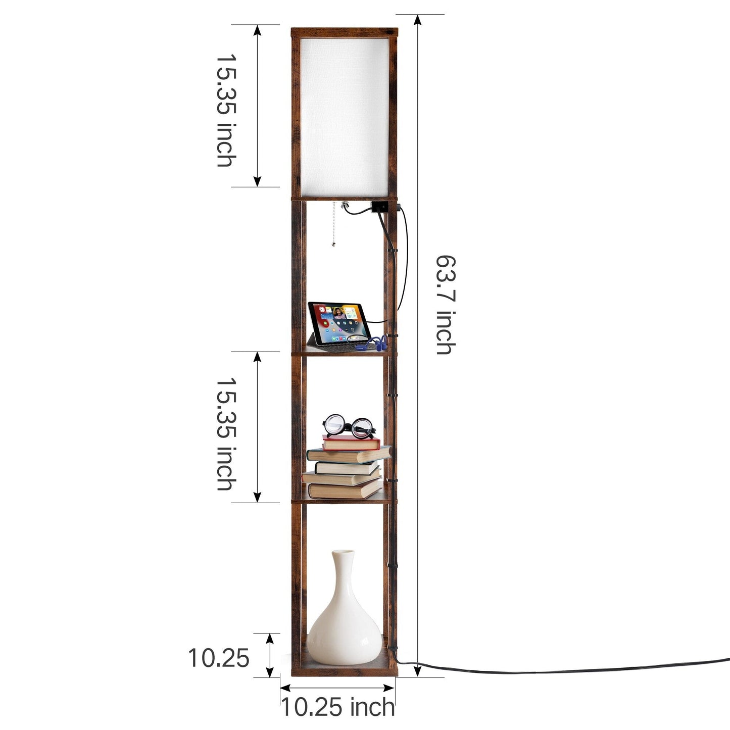 Lampada da terra 63 con ripiani - Lampada da soggiorno con ripiani in legno