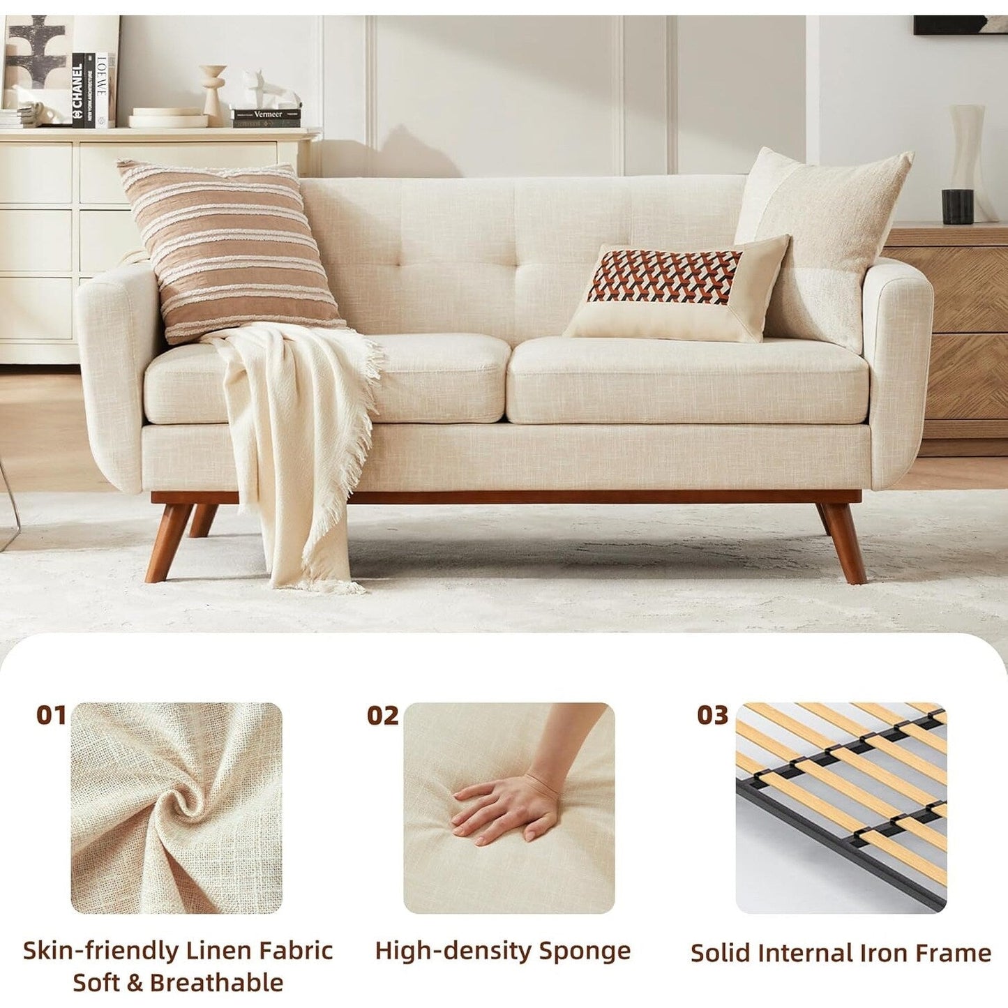65.2 Divano a due posti Mid Century - Divano piccolo trapuntato per soggiorno e camera da letto, facile da montare (beige)