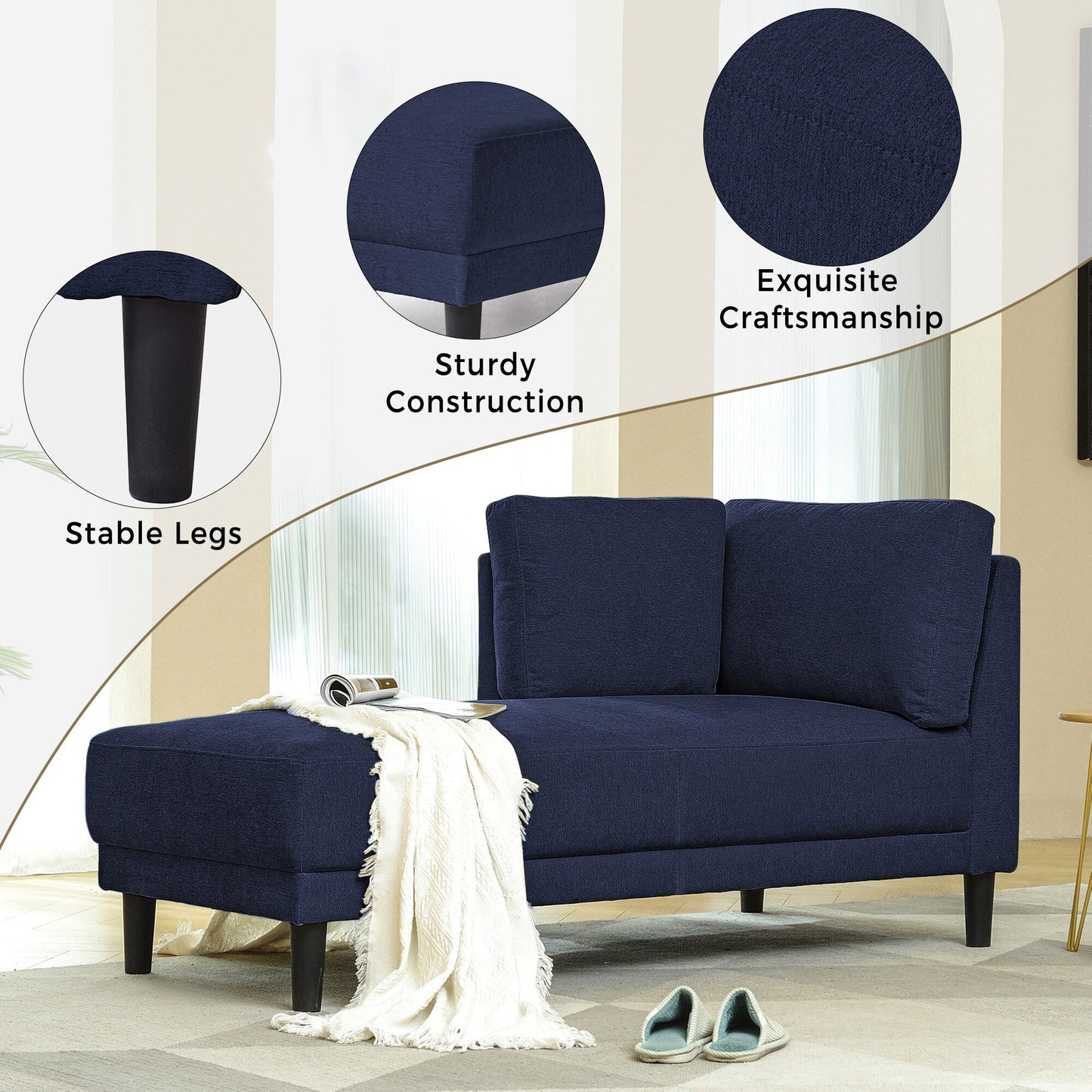 65 Chaise longue angolare moderna in lino con cuscini rimovibili, divano letto, divano per il tempo libero, chaise longue imbottita