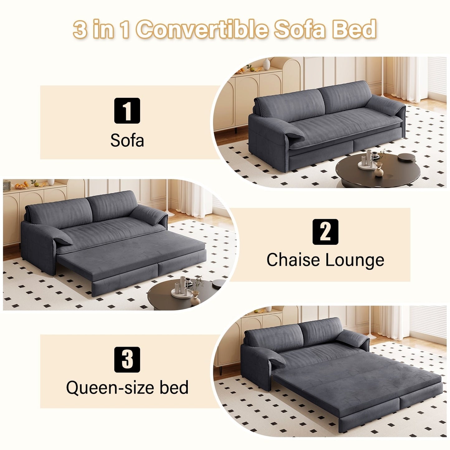 Divano letto estraibile da 66 pollici, divano letto convertibile 3 in 1 con contenitore laterale, divano letto multifunzionale in velluto